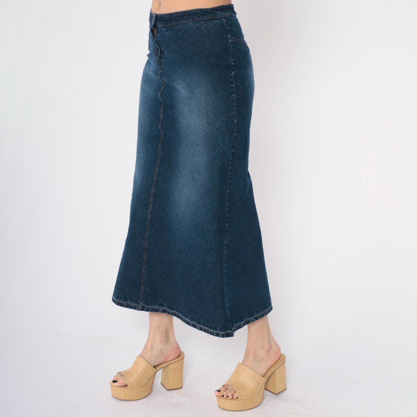 Y2K Dark Wash Denim Maxi Skirt High Rise Flared Jean Faded Blue Medium