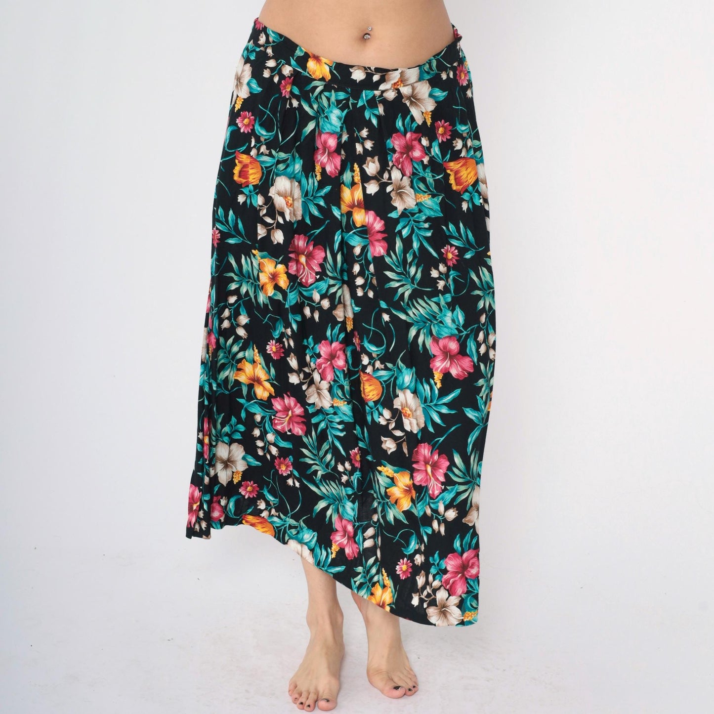 90s Tropical Floral Midi Skirt Black Rayon High Waist Large L