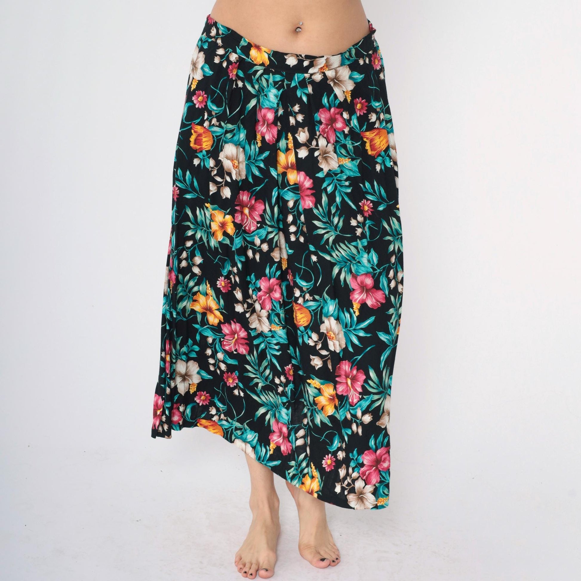 90s Tropical Floral Midi Skirt Black Rayon High Waist Large L