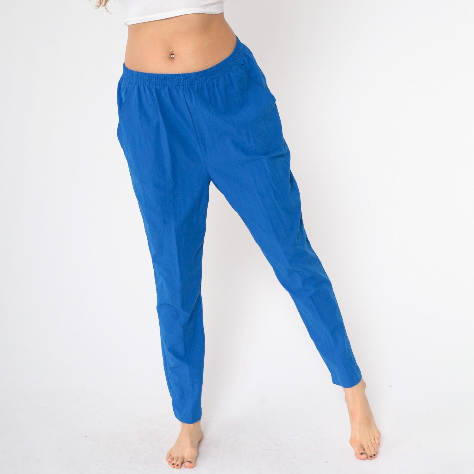 80s Blue Elastic Waist Tapered Trousers Pull-On Medium M
