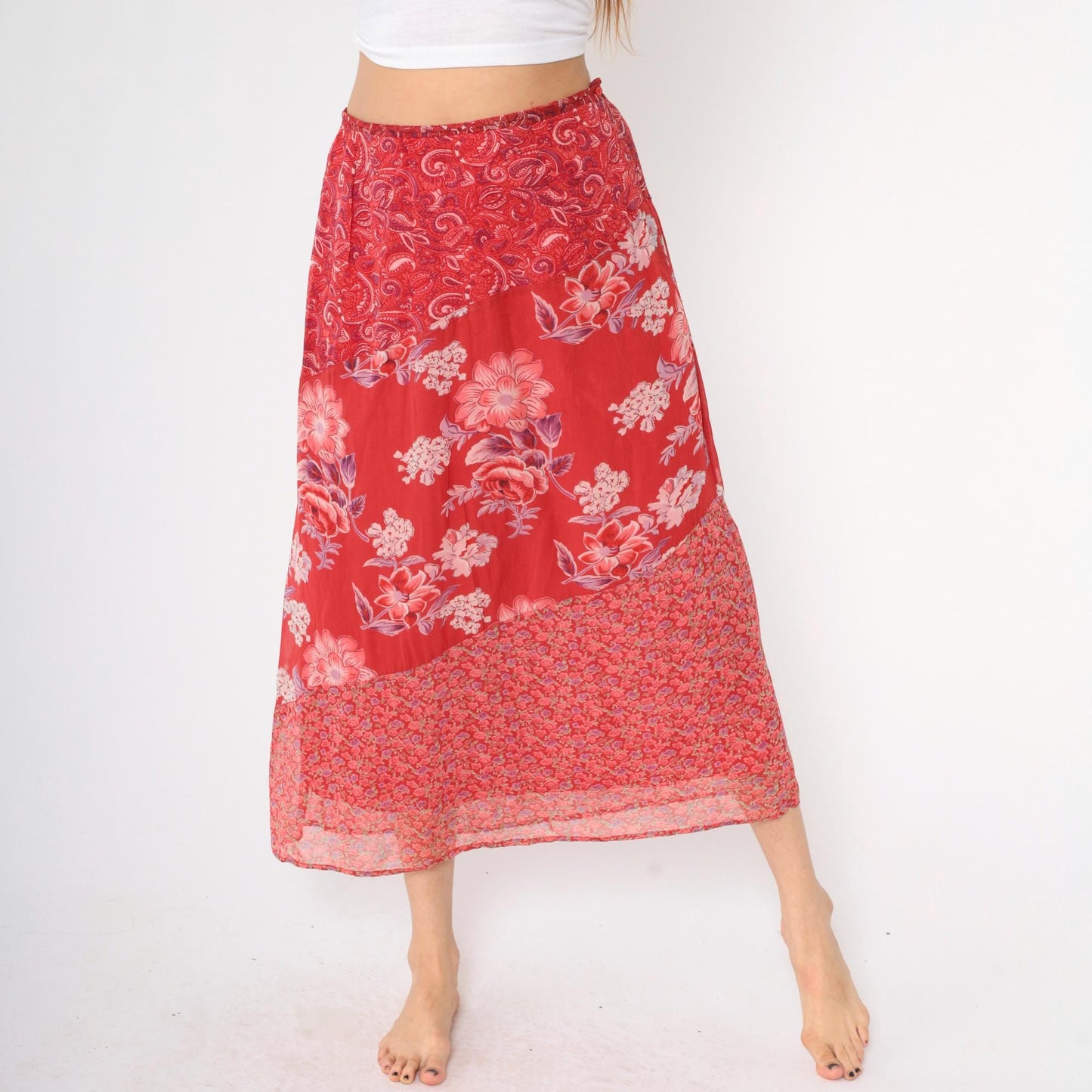 90s Red Floral Paisley Tiered Midi Skirt High Waist Side Zip Medium M