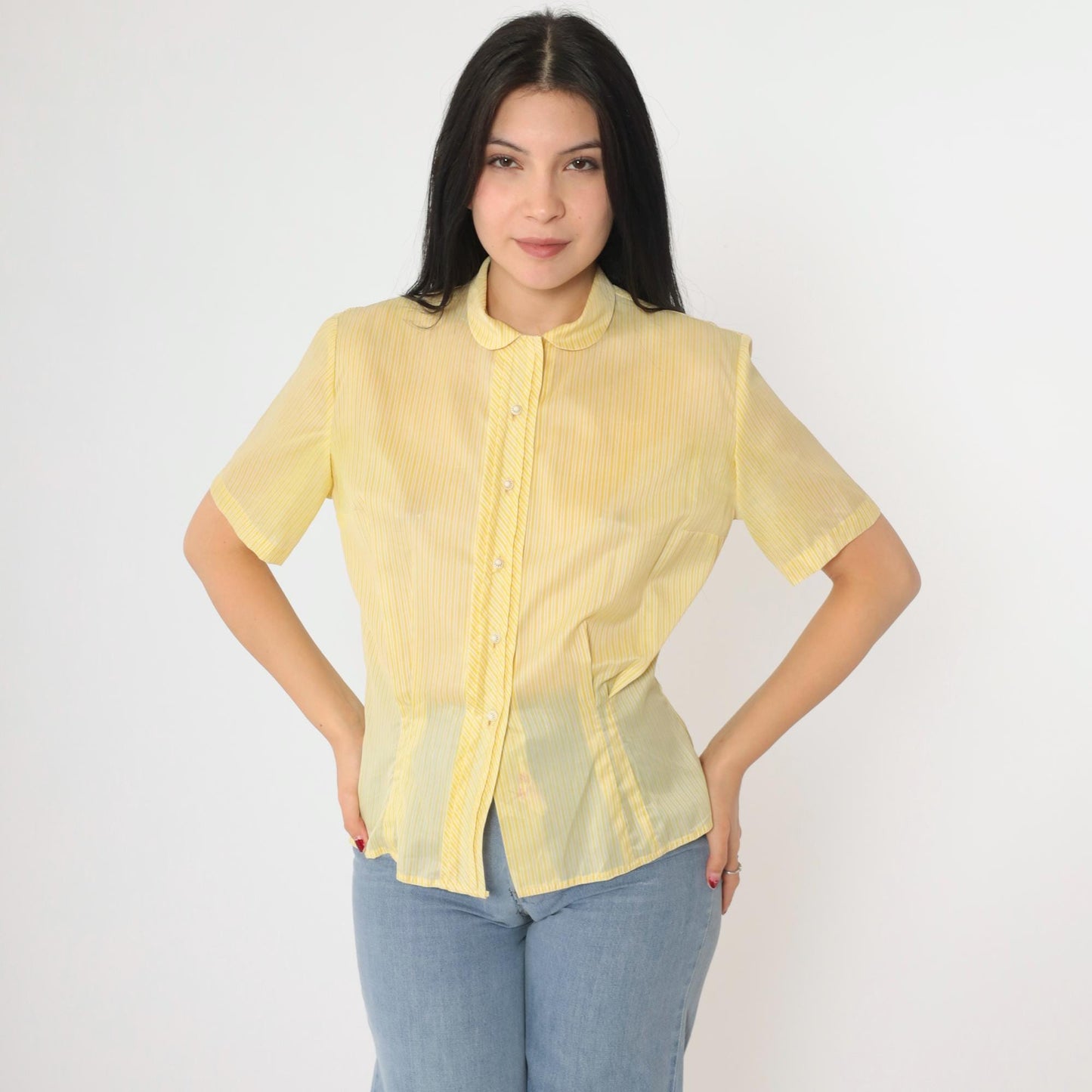 60s Dorothy Korly Sheer Striped Button-Up Blouse Yellow Peter Pan Collar Medium