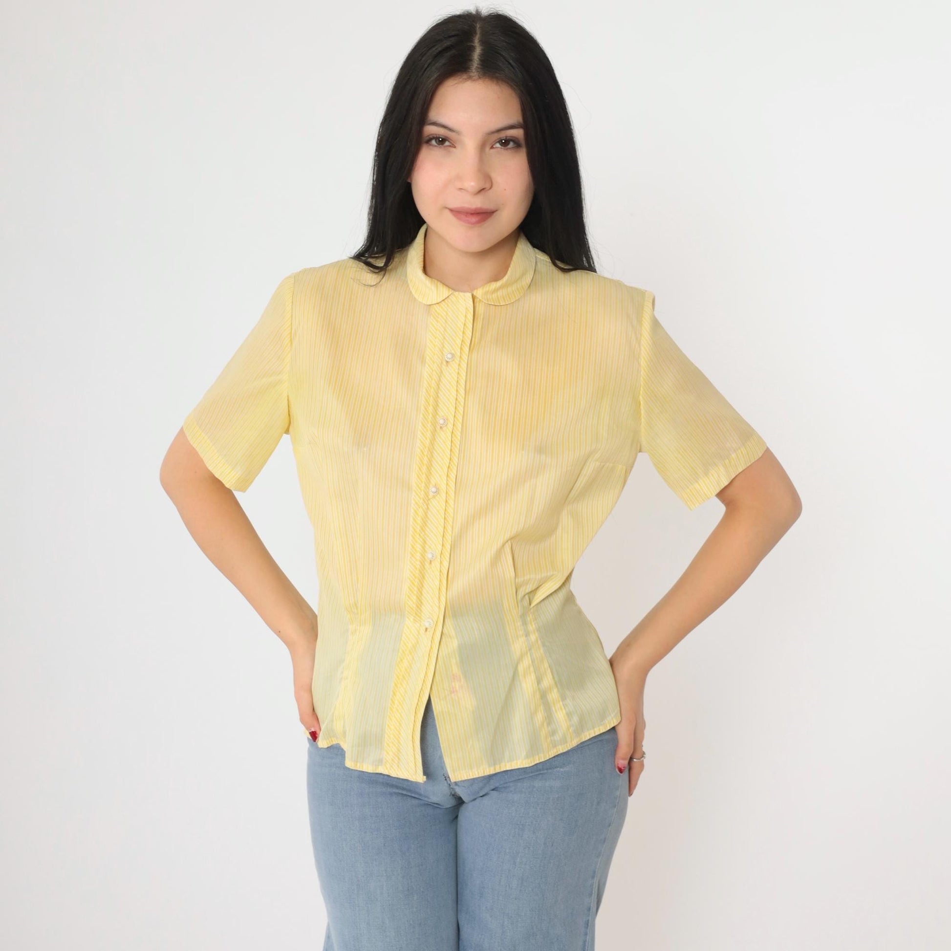 60s Dorothy Korly Sheer Striped Button-Up Blouse Yellow Peter Pan Collar Medium