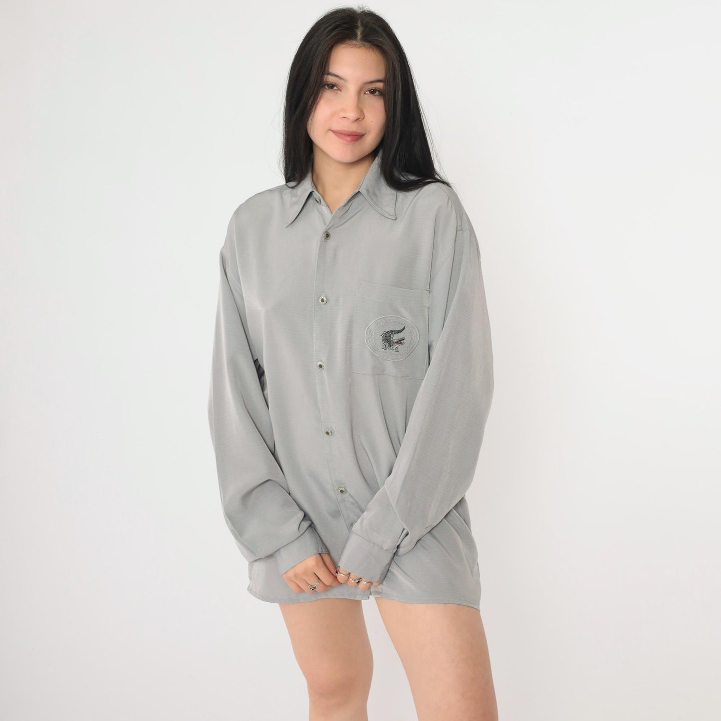 Y2K Danesi Grey Microfiber Button-Up Shirt Dragon Embroidered Men's Small