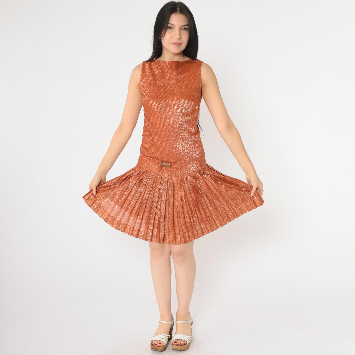 60s Metallic Orange Mini Party Dress Rhinestone Drop Waist Sleeveless XS