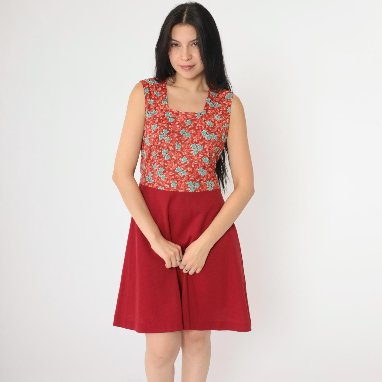 1960s Red Floral Mini Dress Sleeveless High Waist Fit Flare Small