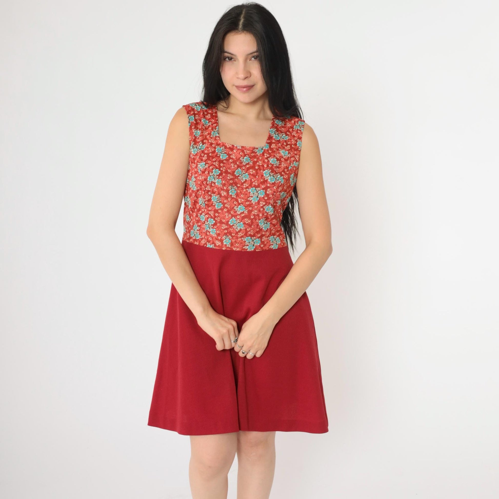 1960s Red Floral Mini Dress Sleeveless High Waist Fit Flare Small