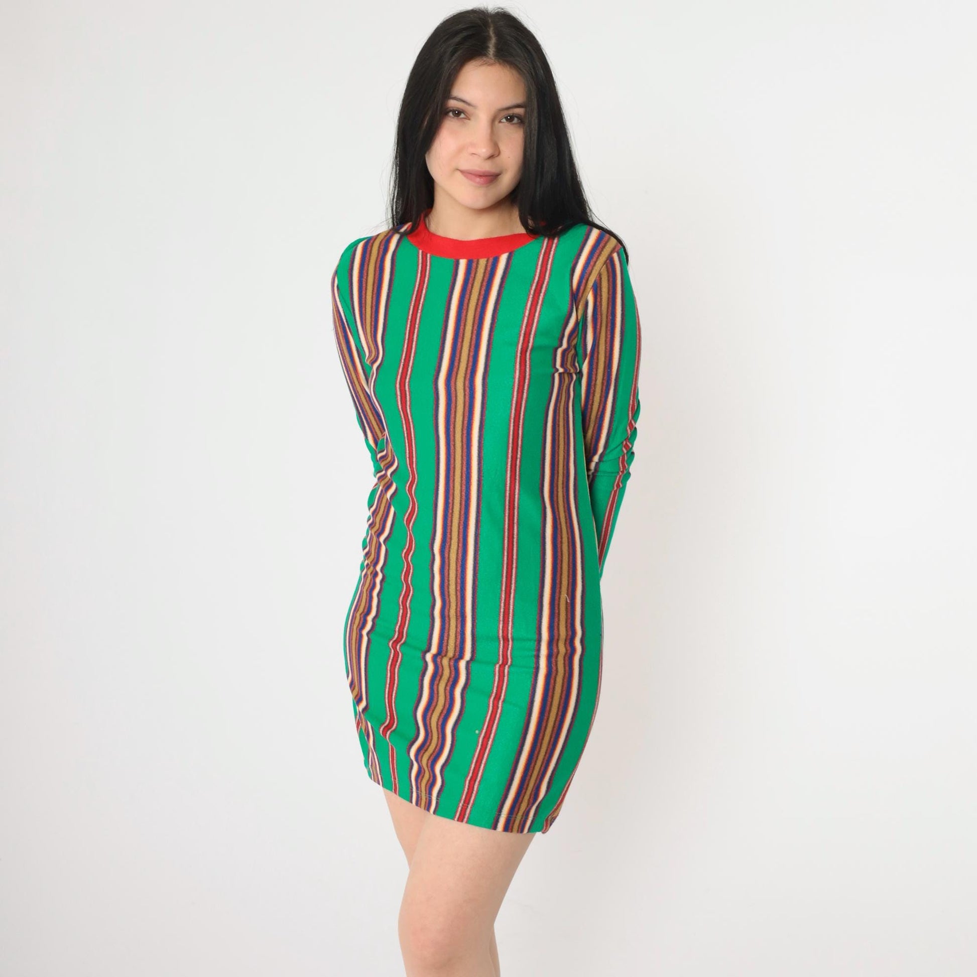 60s Stardust Striped Mini Lounge Dress Green Red Ringer Trim Long Sleeve Extra Small