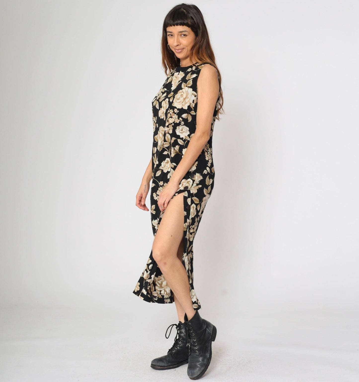 90s R & K Originals Black Floral Rose Midi Dress Sleeveless High Neck Medium 10
