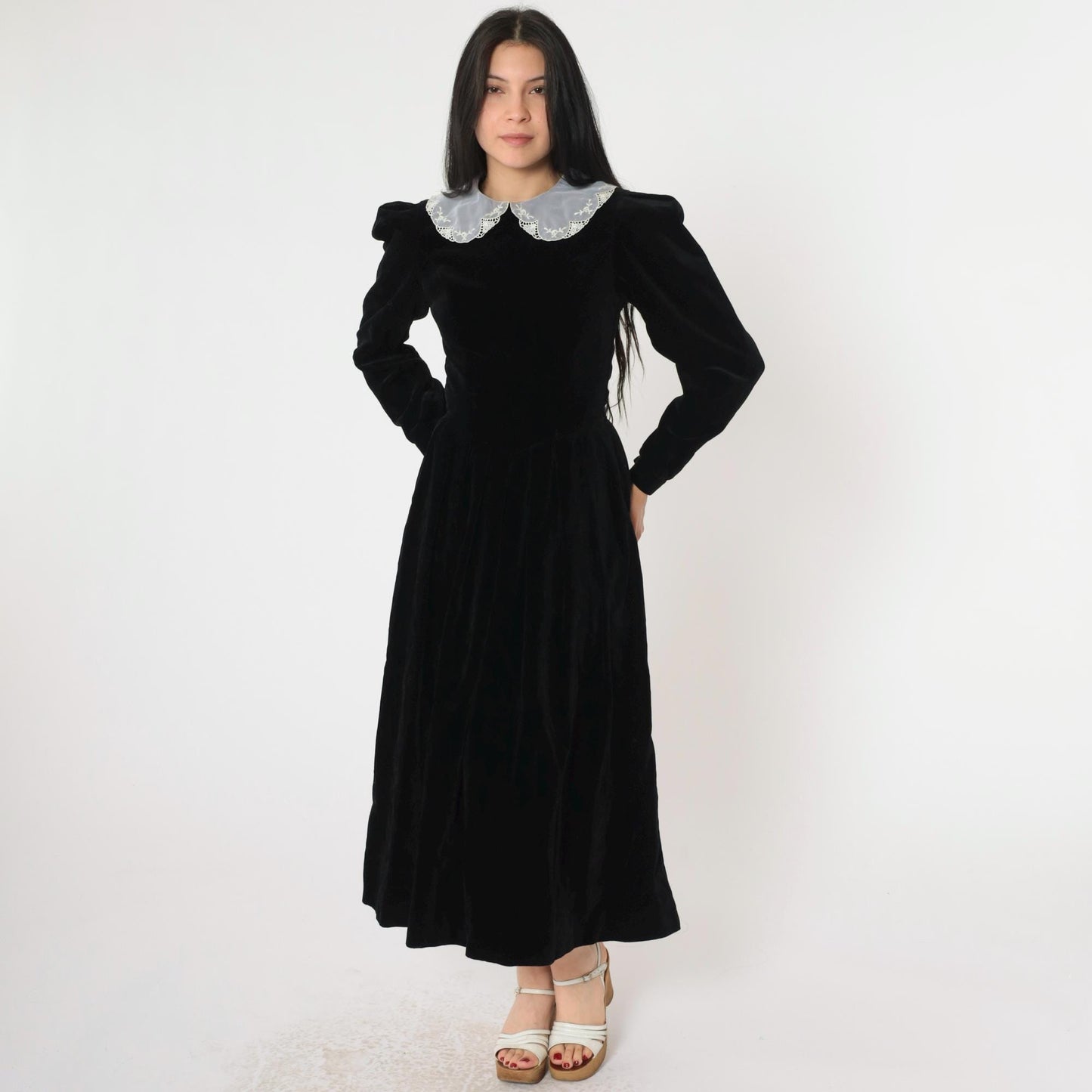 80s Laura Ashley Mother and Child Black Velvet Midi Dress White Lace Collar Extra Small