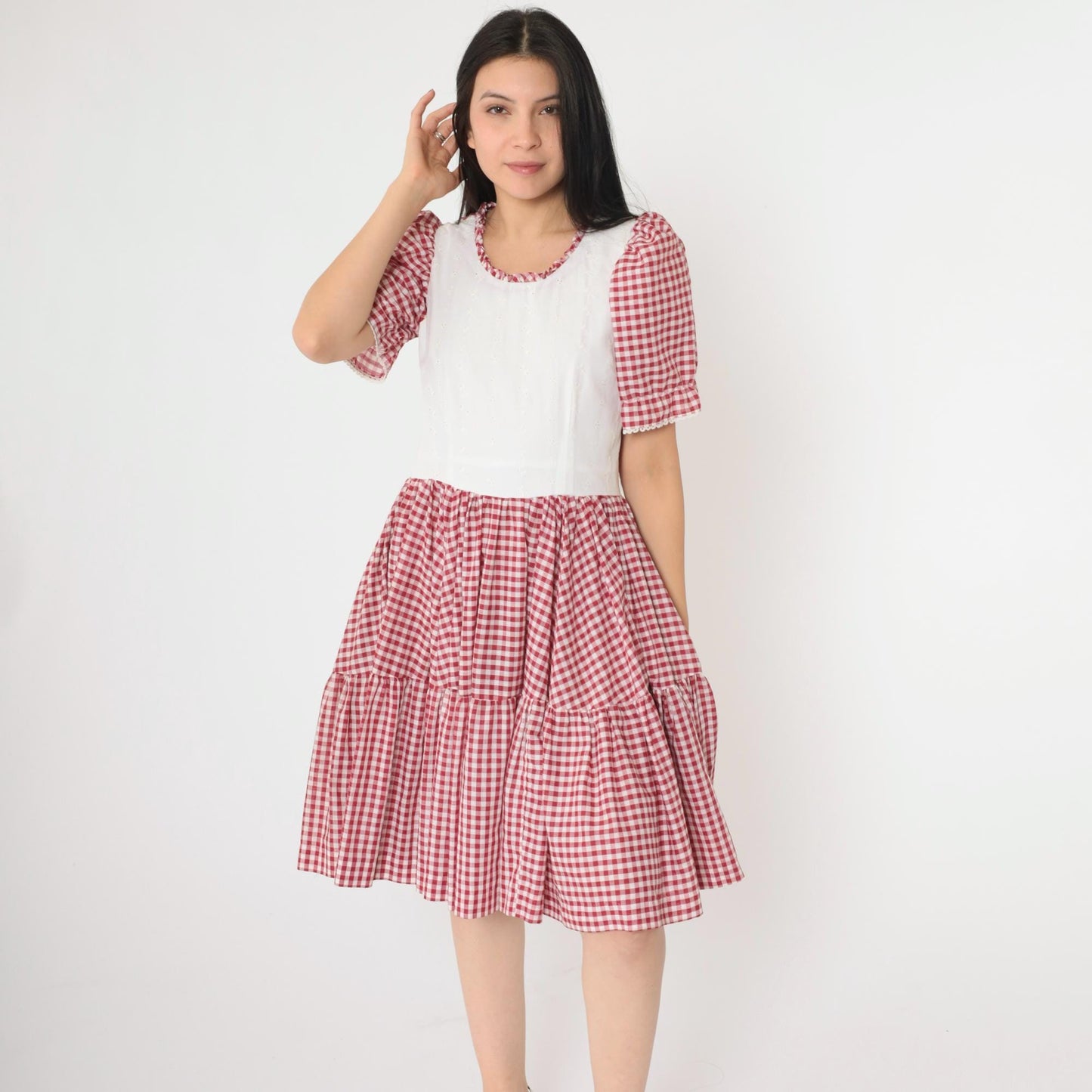 70s Red Gingham Prairie Dress Puff Sleeve Eyelet Lace High Waist Small Medium