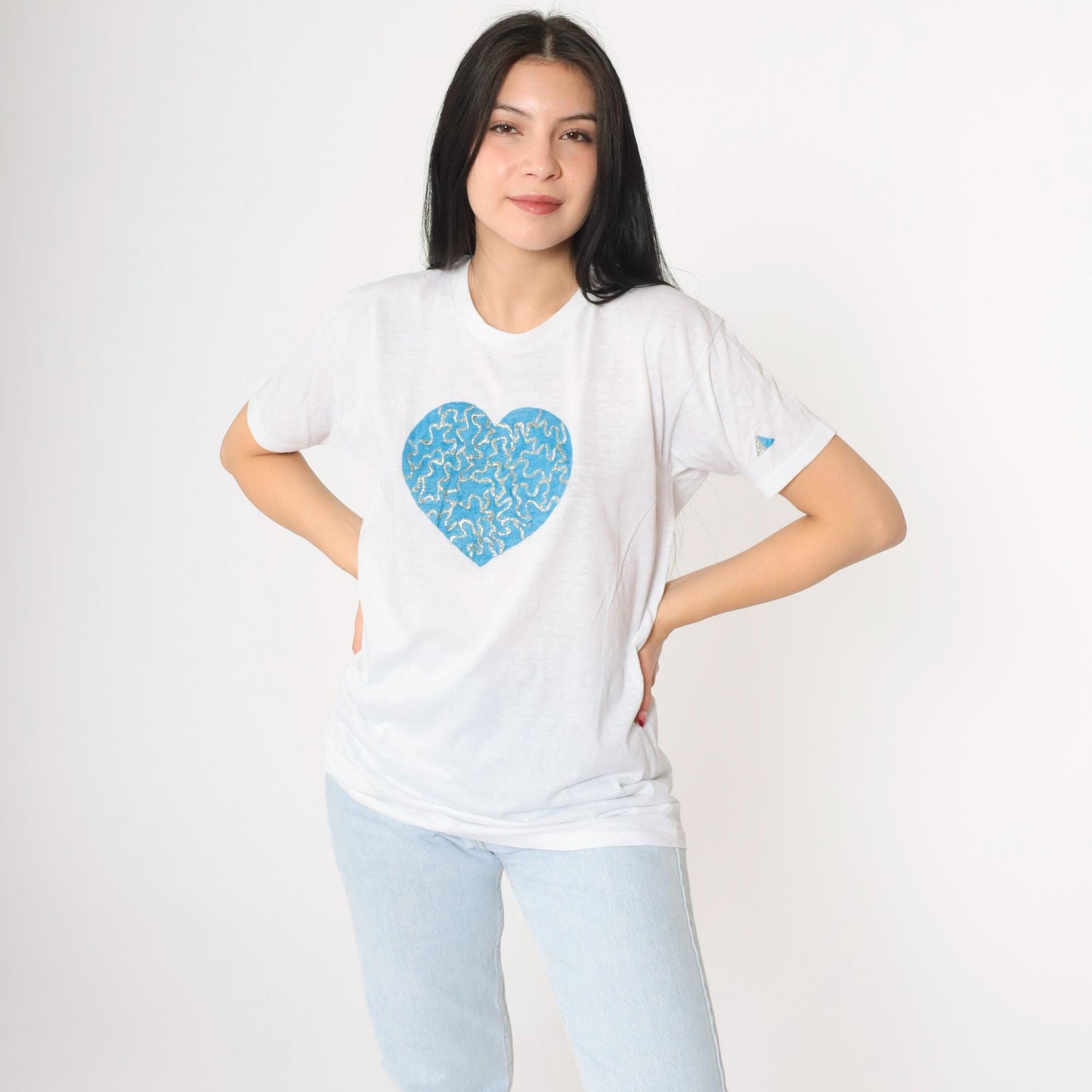 80s White Heart Glitter Hand Painted T-Shirt Single Stitch Crewneck Medium M