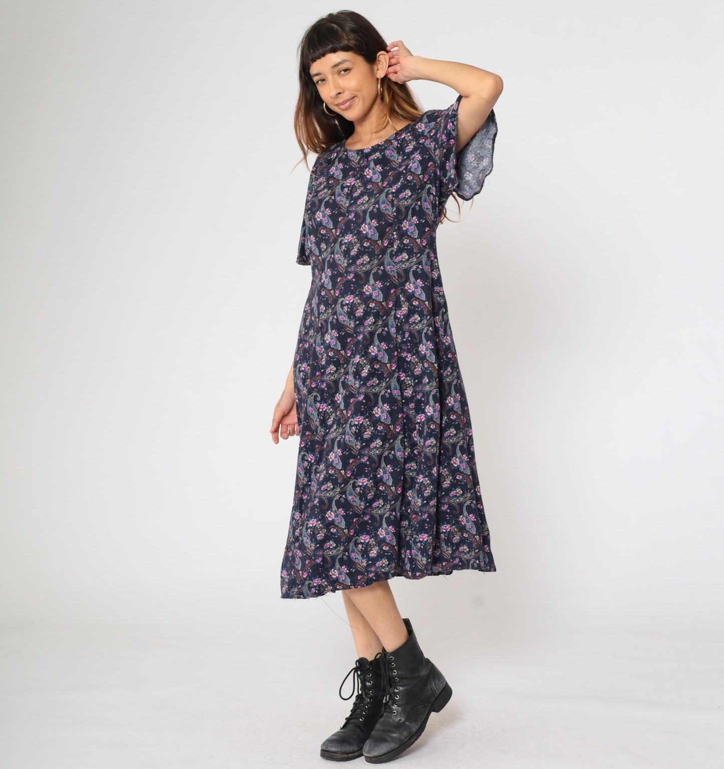 90s Kathie Lee Paisley Floral Midi Dress Dark Blue Rayon Princess Seam Medium Large