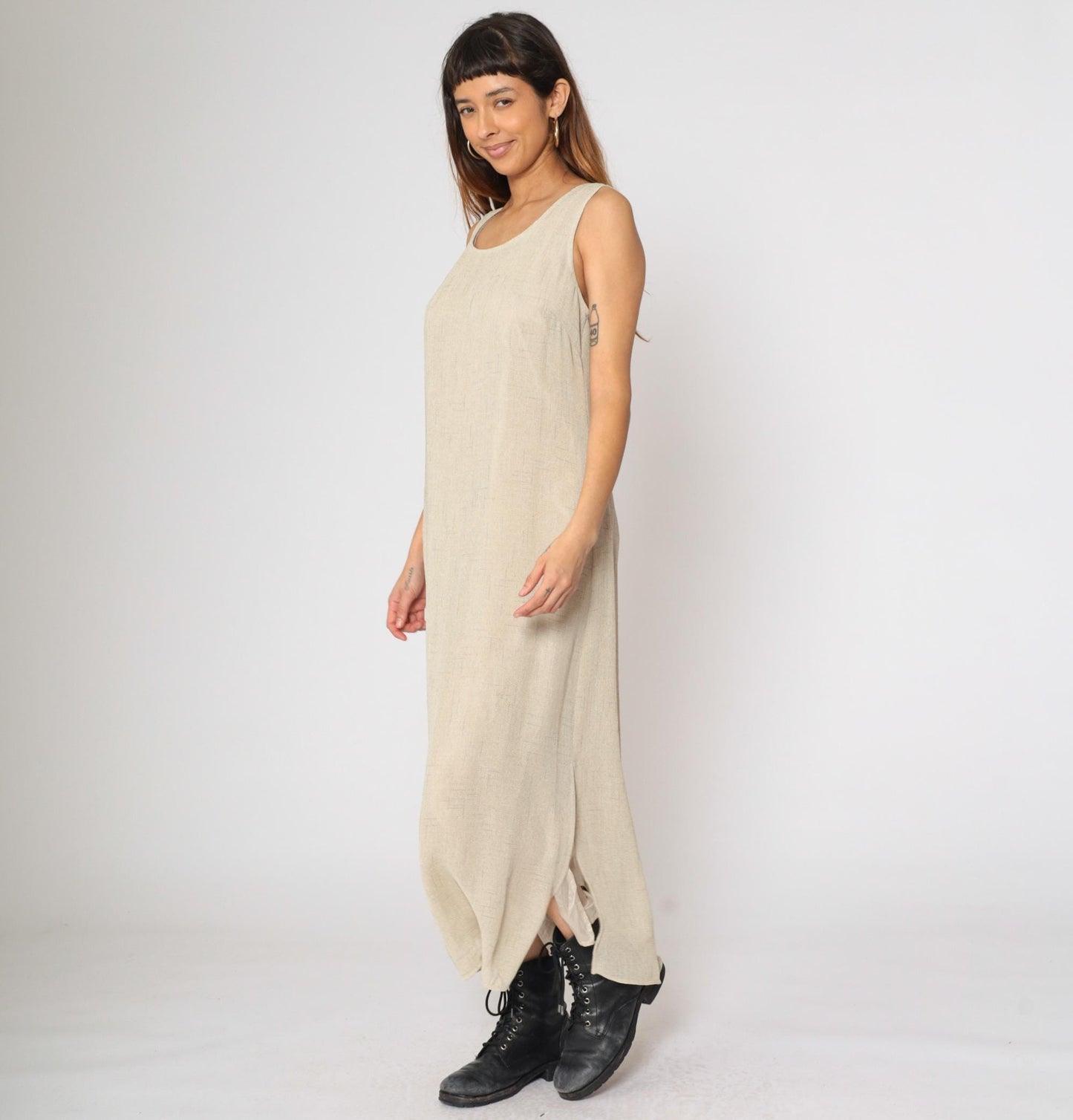 90s Dressbarn Beige Maxi Dress Sleeveless Scoop Neck Side Slit Large