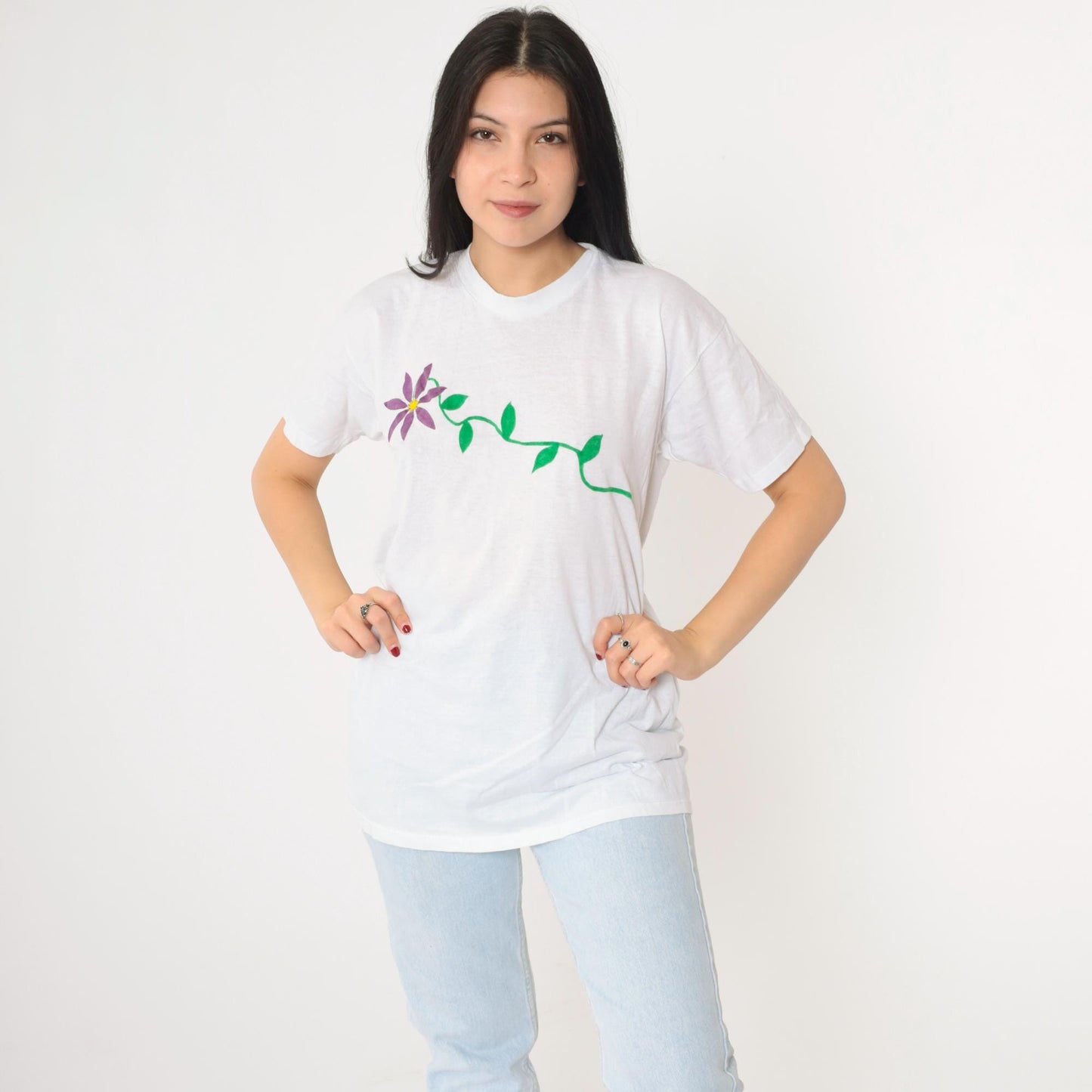 90s Hand Painted Floral T Shirt Silver Sparkle White Purple Crewneck Medium Large