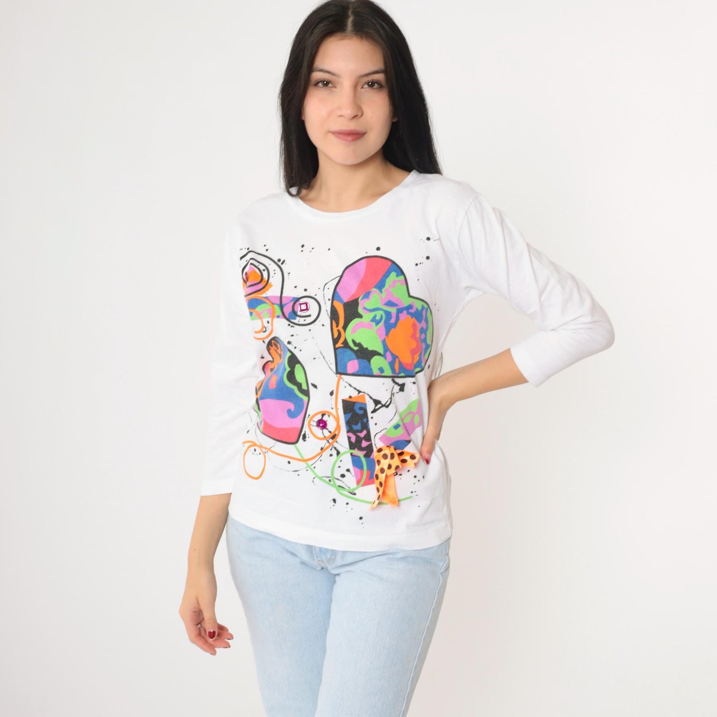 90s Heart Paint Splatter Long Sleeve Graphic Tee White Small