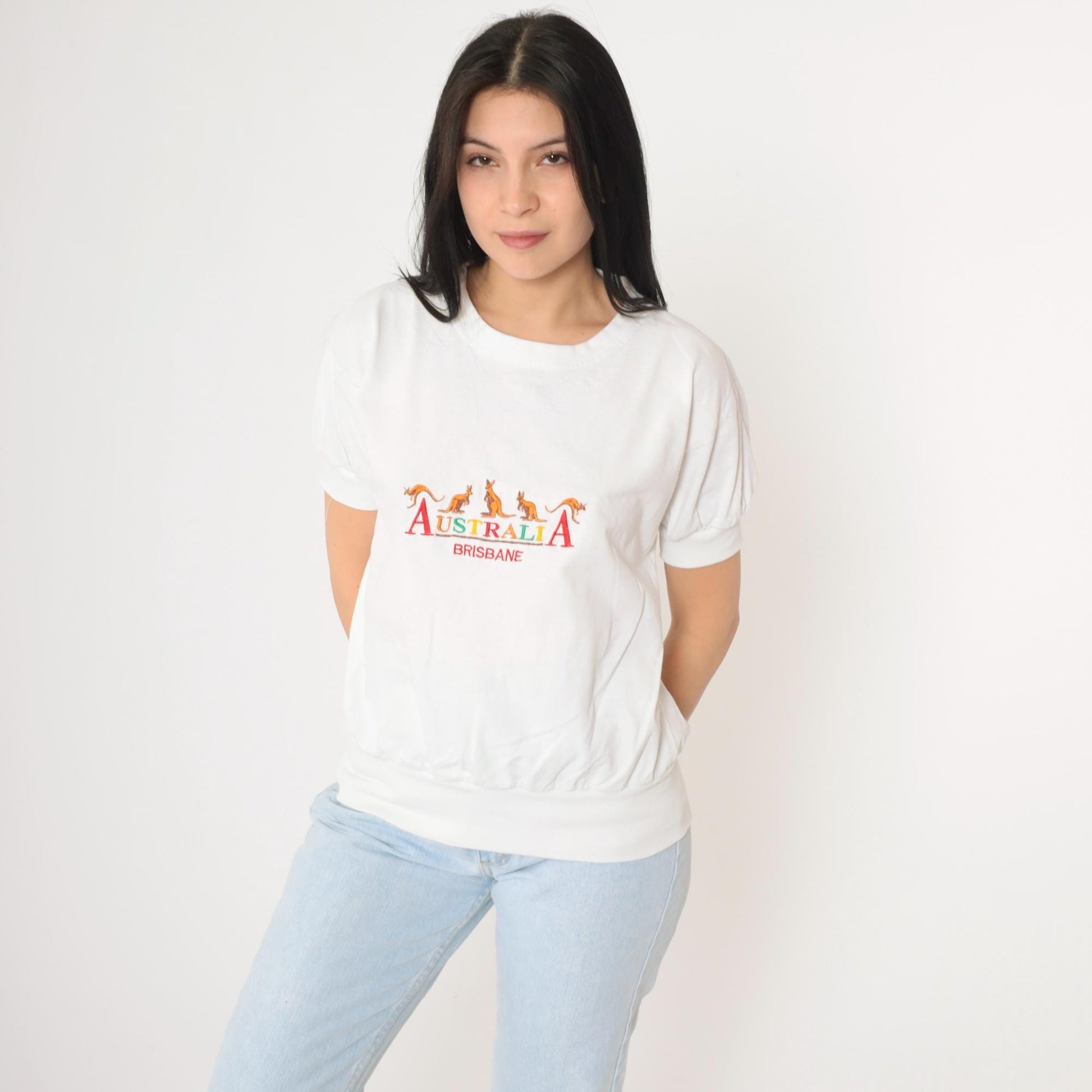 90s Brisbane Australia Kangaroo Embroidered T-Shirt White Graphic Tee Large L