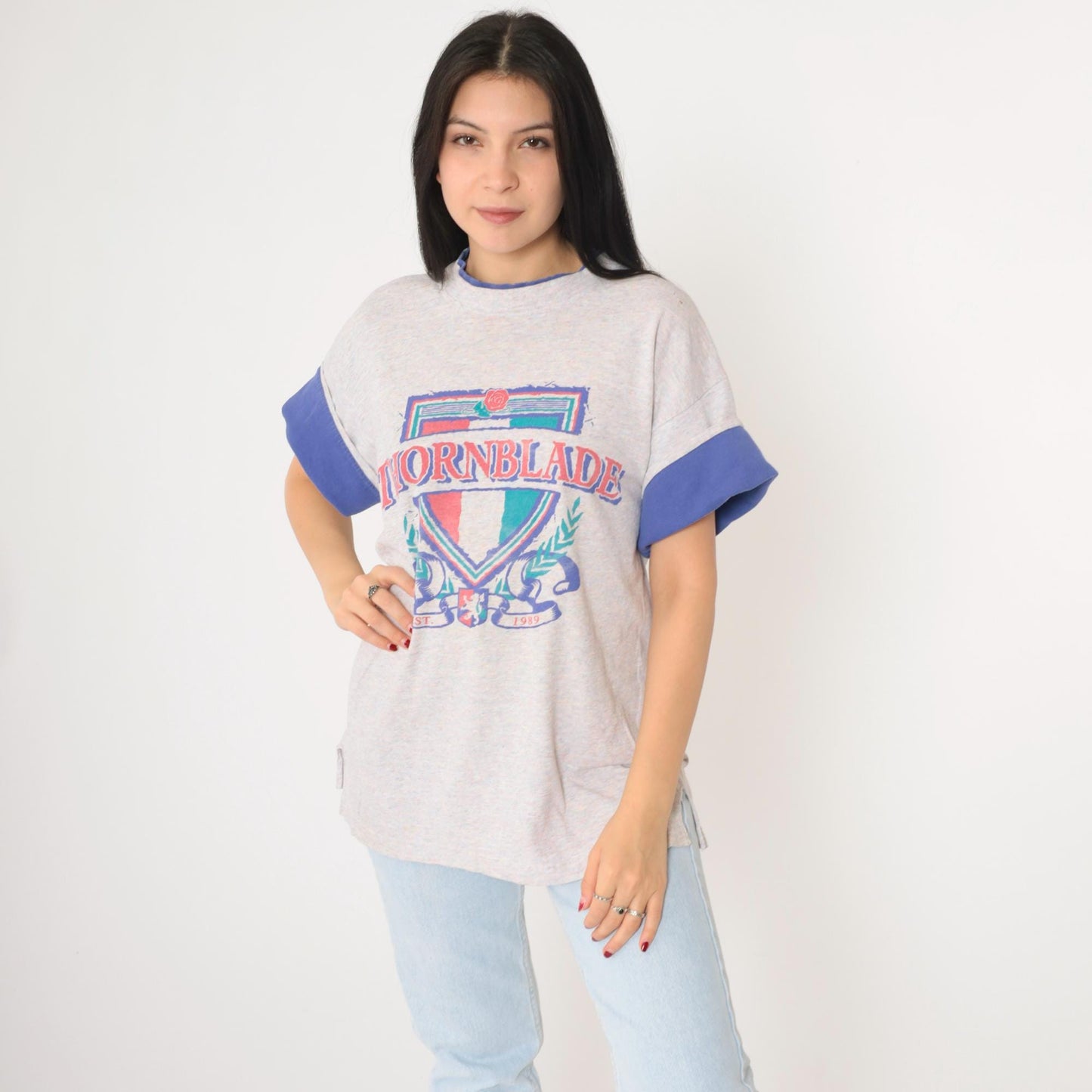 90s Thornblade Golf Club Crest Ringer Tee Heather Grey Blue Large L
