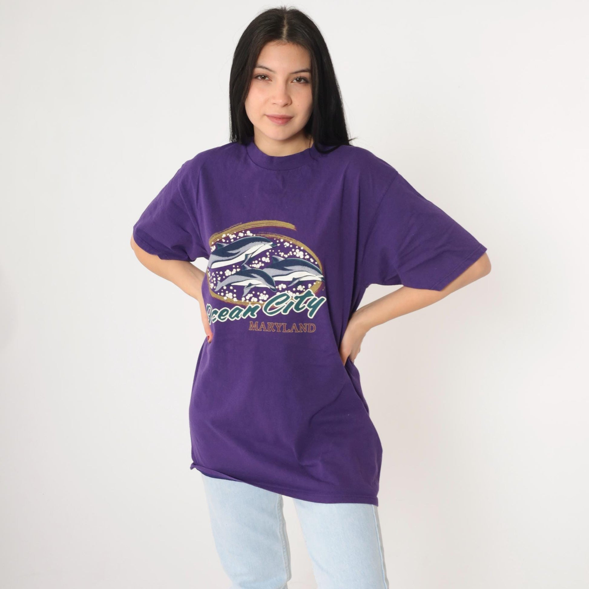 90s Ocean City Maryland Dolphin Graphic T-Shirt Purple Large