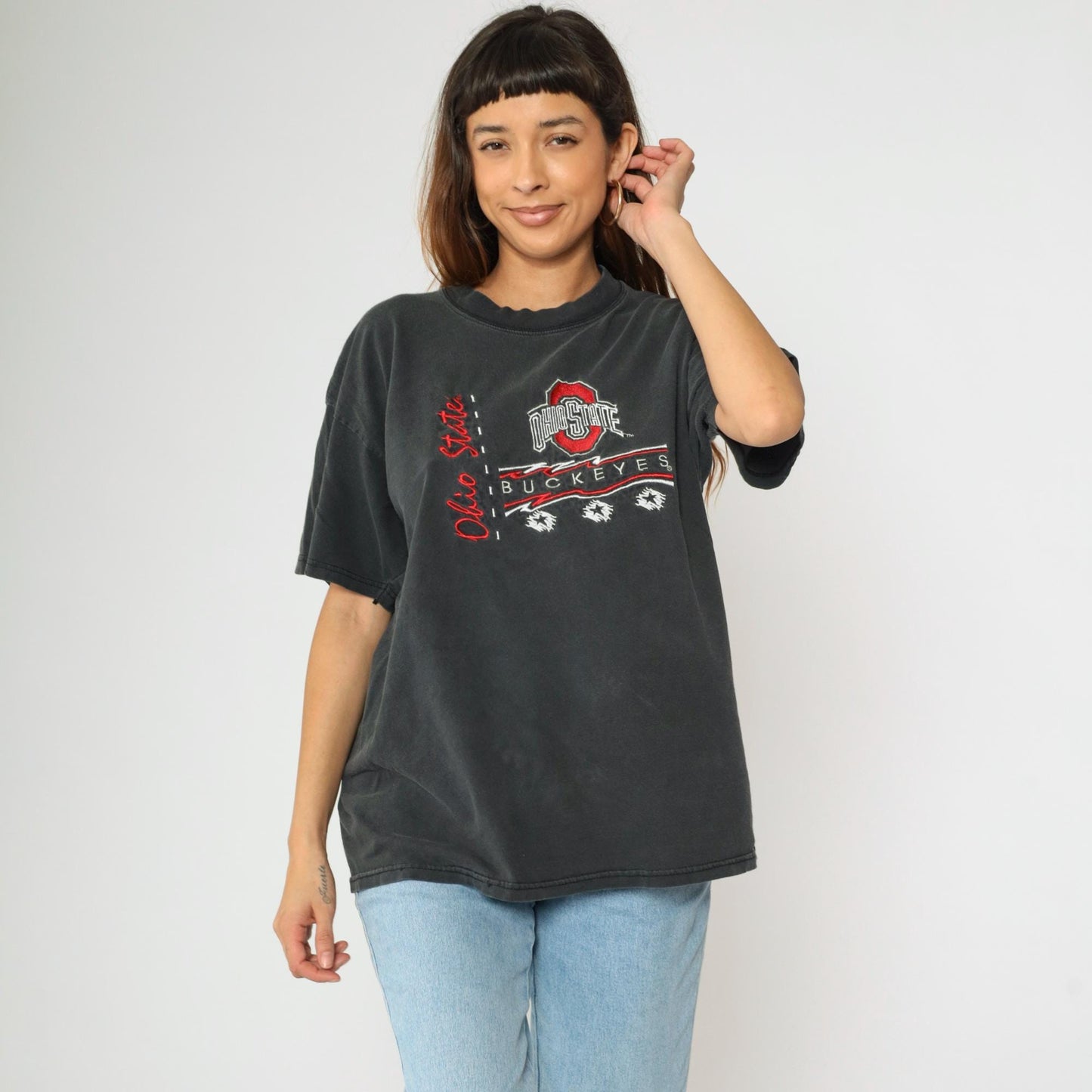 90s Ohio State Buckeyes Embroidered T-Shirt Faded Black Cotton Extra Large XL