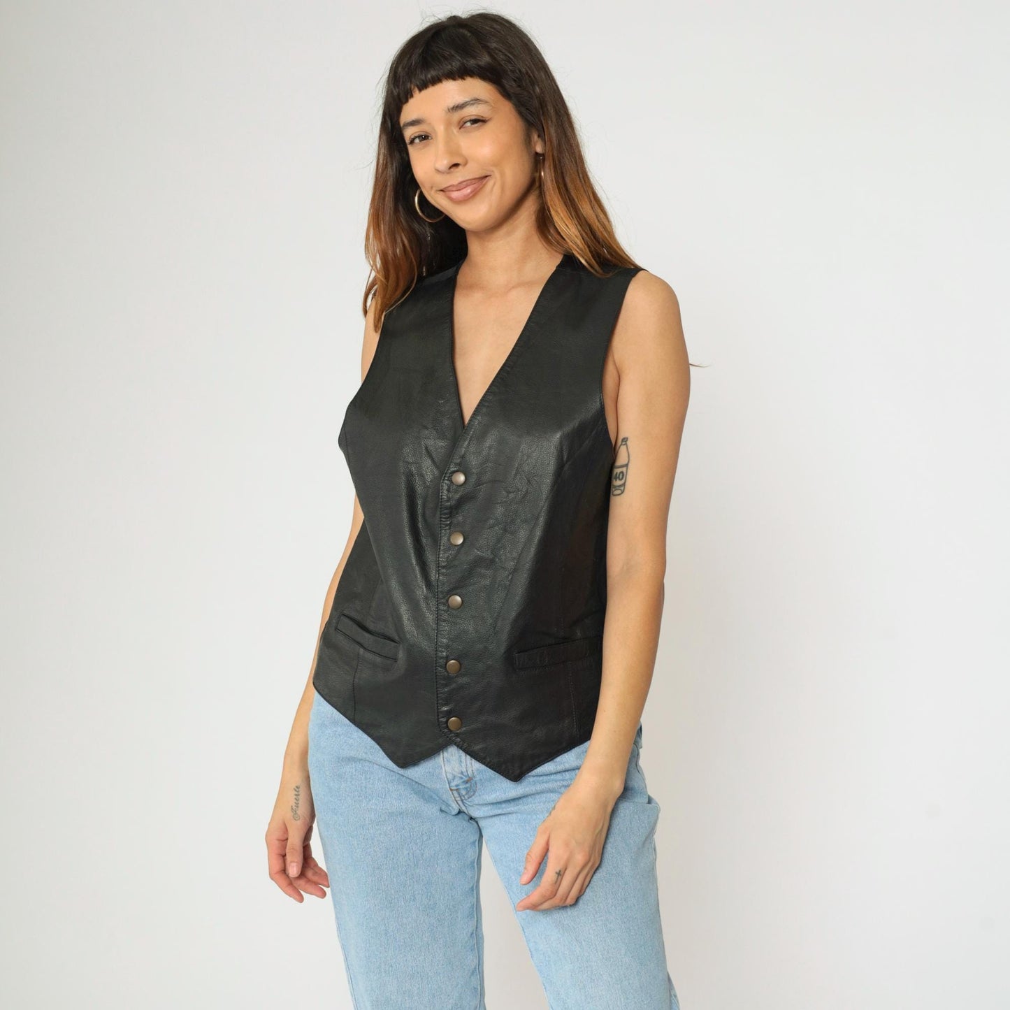 90s Wilsons Leather Black Biker Vest Snap Front Sleeveless Extra Small