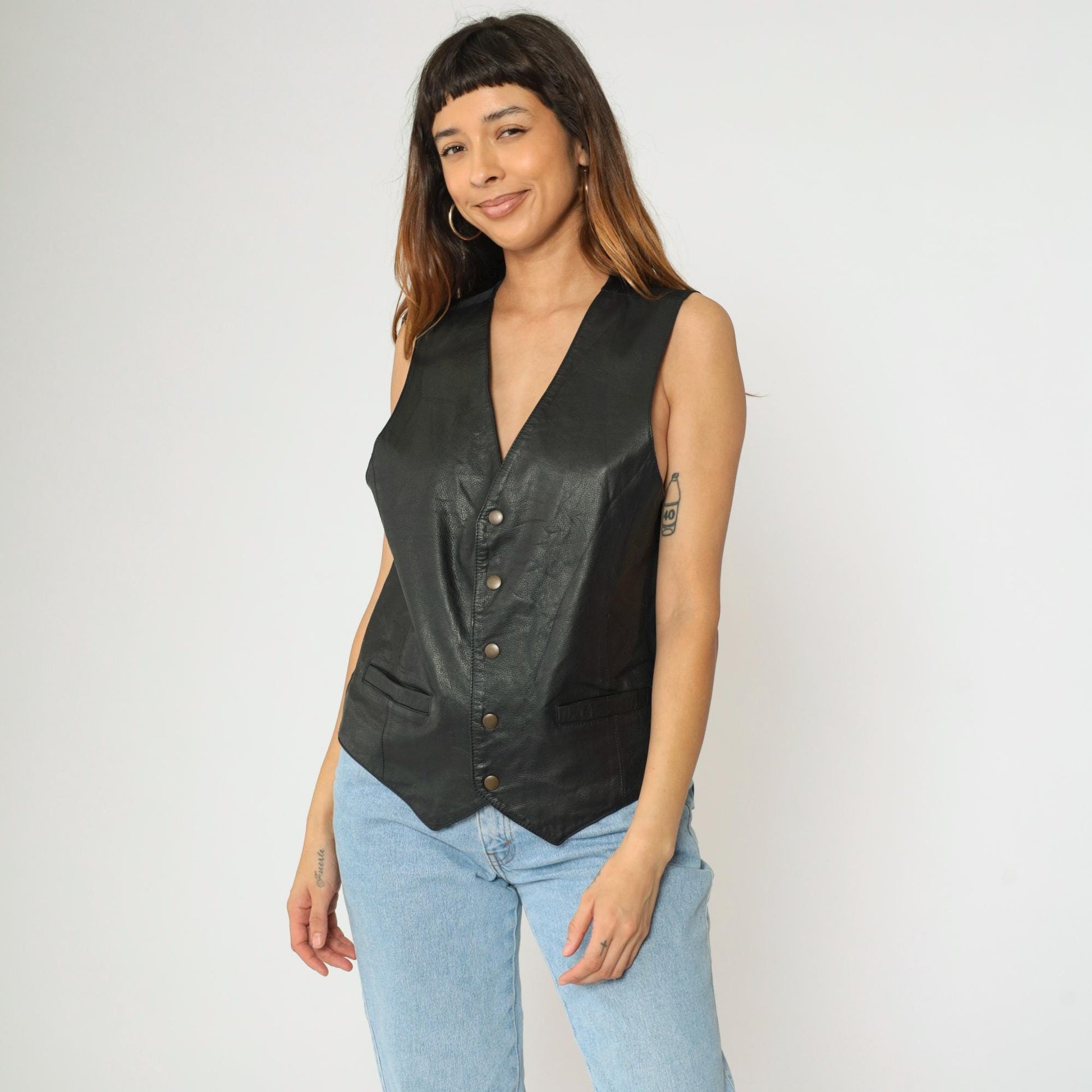 90s Wilsons Leather Black Biker Vest Snap Front Sleeveless Extra Small