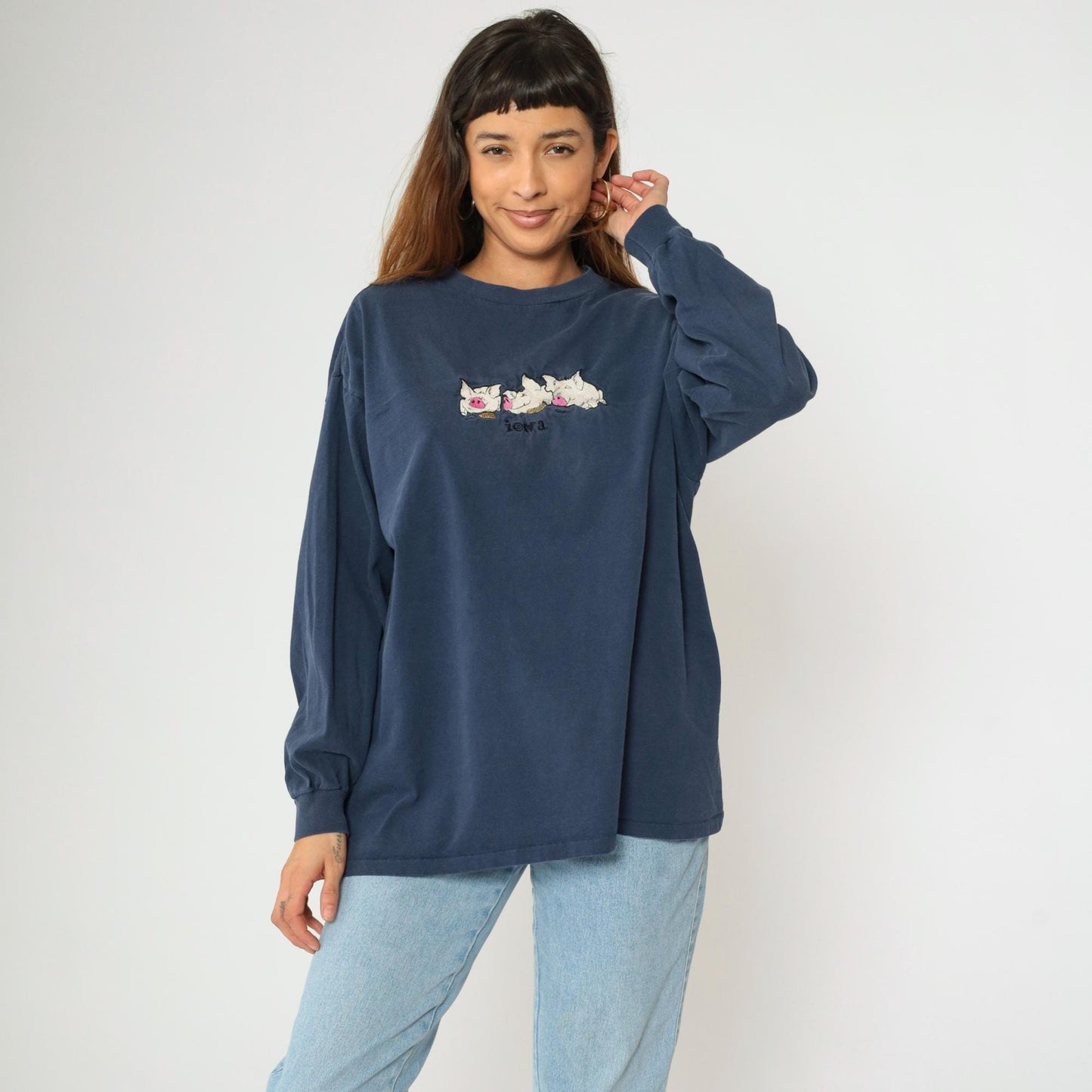 90s Iowa Pig Corn Embroidered Long Sleeve T Shirt Navy Blue Extra Large XL