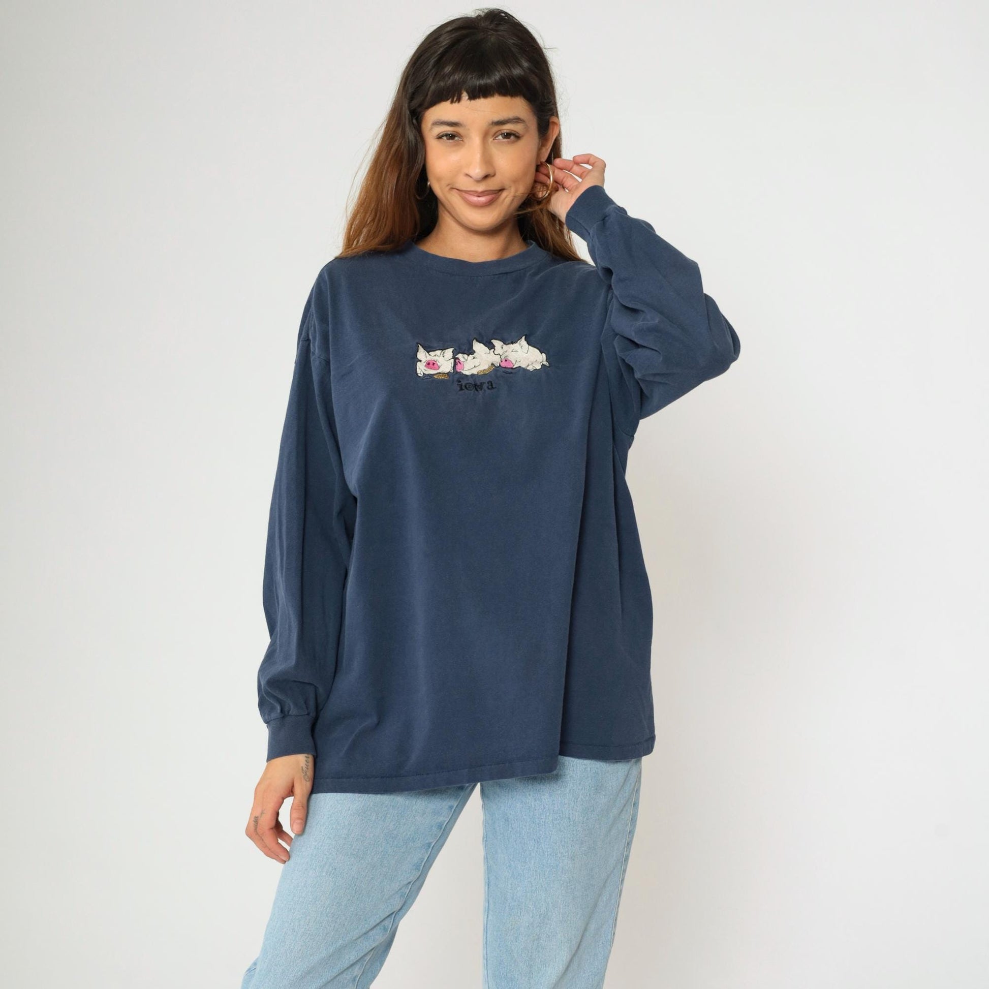 90s Iowa Pig Corn Embroidered Long Sleeve T Shirt Navy Blue Extra Large XL