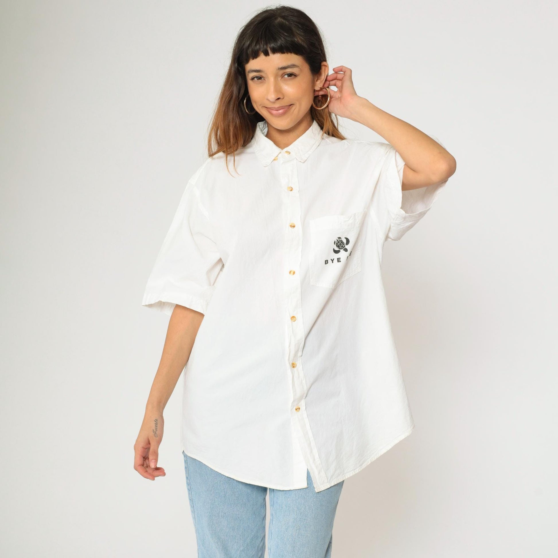 90s Bye Bye Cozumel Turtle Graphic Button-Up Shirt White Cotton Large