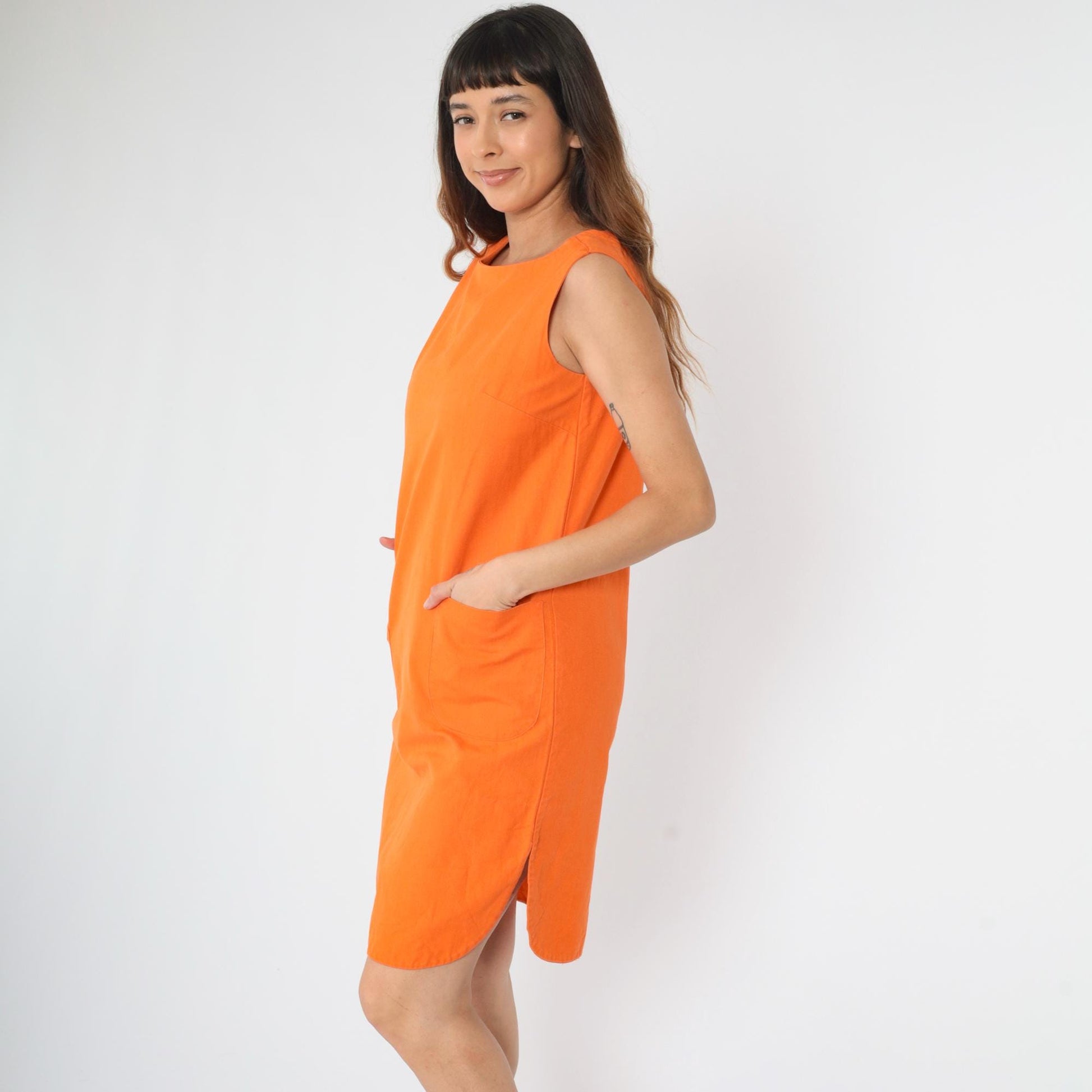 60s Mod Orange Shift Dress Sleeveless Pockets Curved Hem Small Medium