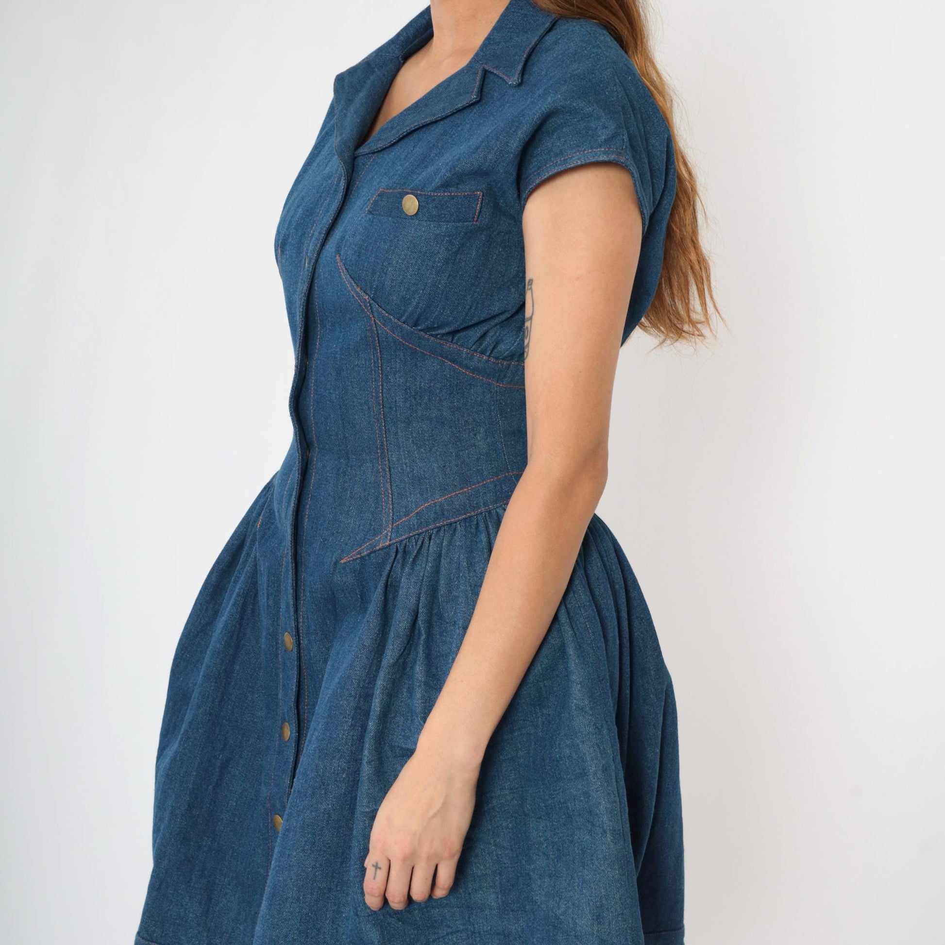 80s Denim Western Dress Snap Button Cap Sleeve Mini Blue Jean Small