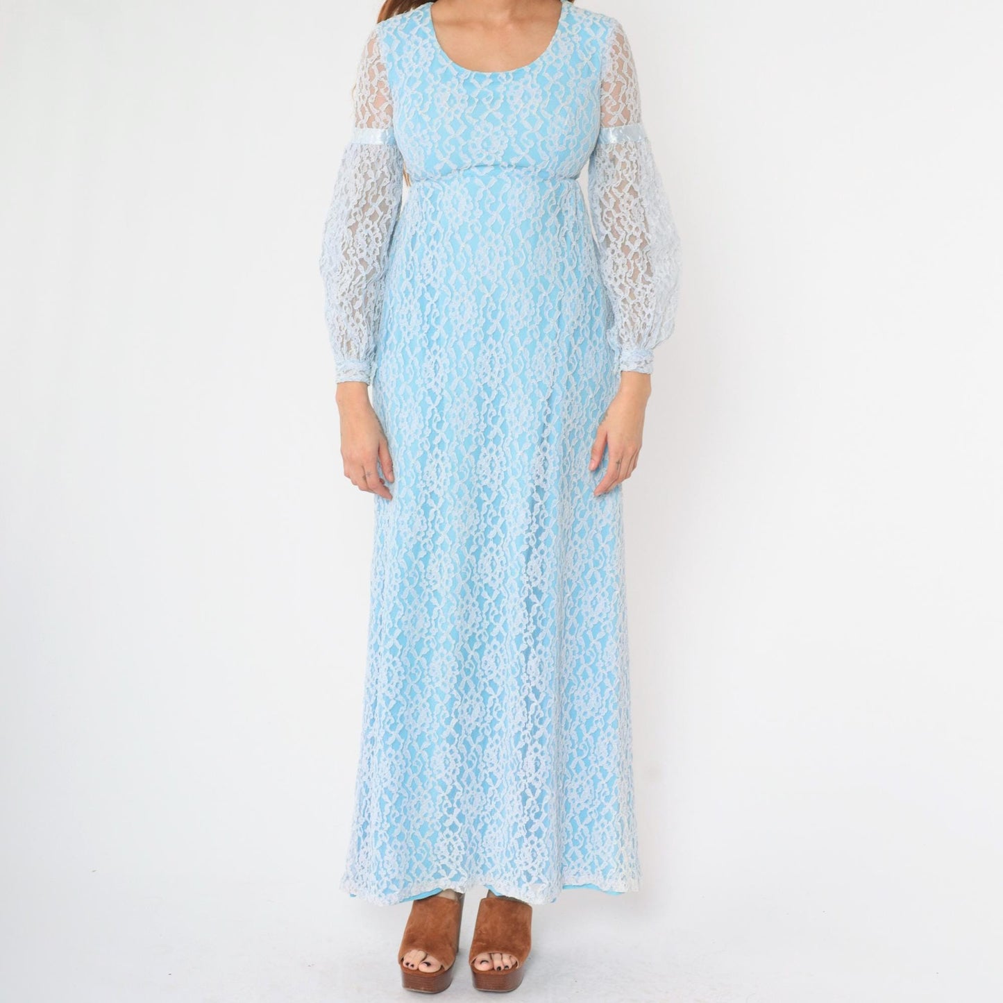 60s Light Blue Lace Maxi Dress Empire Waist Bishop Sleeve XS