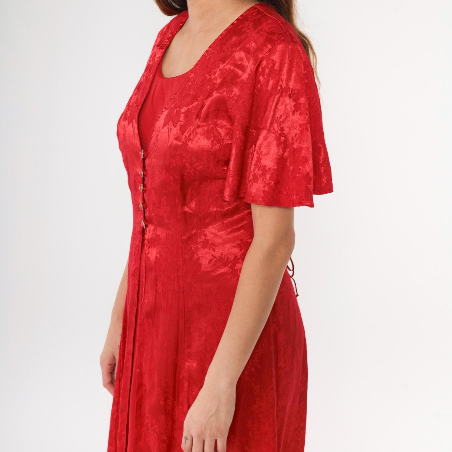 90s Olivia Rose Red Floral Embossed Midi Dress Flutter Sleeve Medium