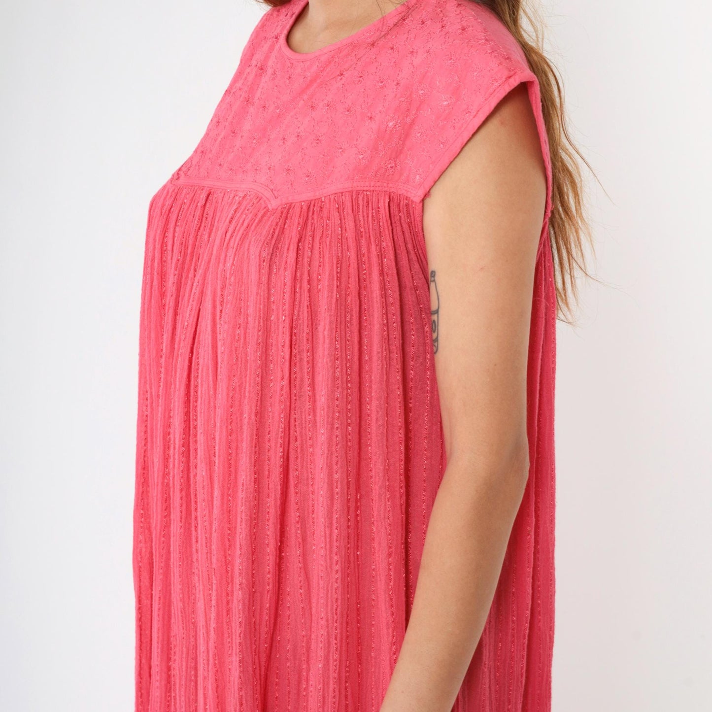 80s Pink Gauze Trapeze Dress Floral Embroidered Sleeveless Midi One Size