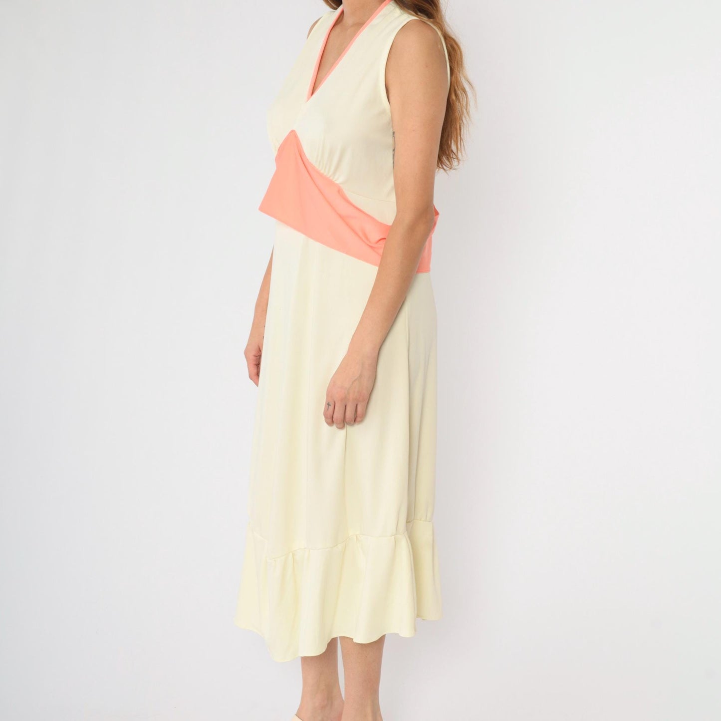 70s Cream Grecian Midi Dress V-Neck Empire Waist Flounce Sleeveless Large L