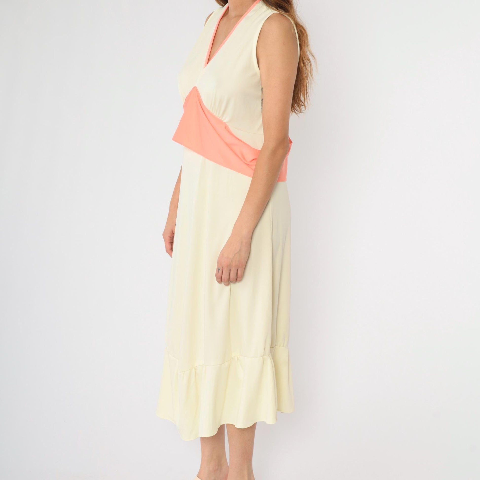 70s Cream Grecian Midi Dress V-Neck Empire Waist Flounce Sleeveless Large L
