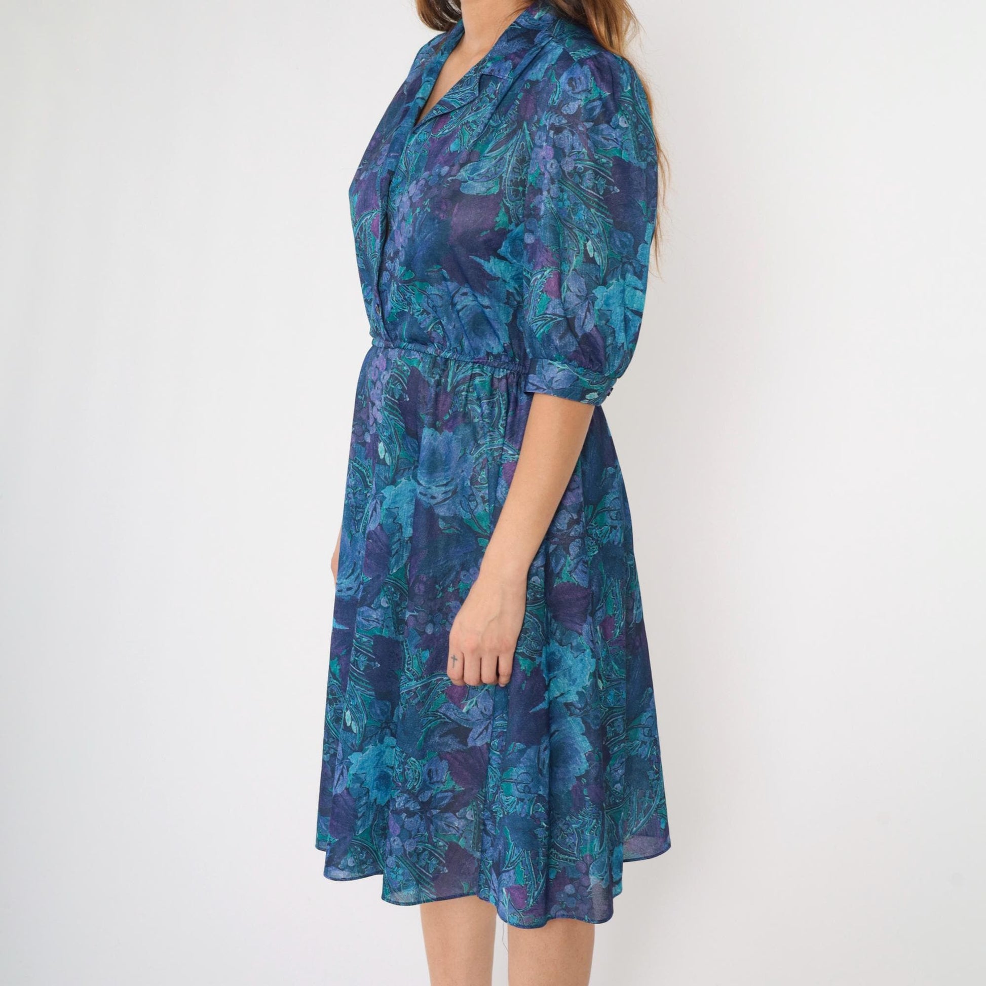 80s Paisley Grape Print Midi Shirtdress Puff Sleeve High Waist Button Up Small Medium