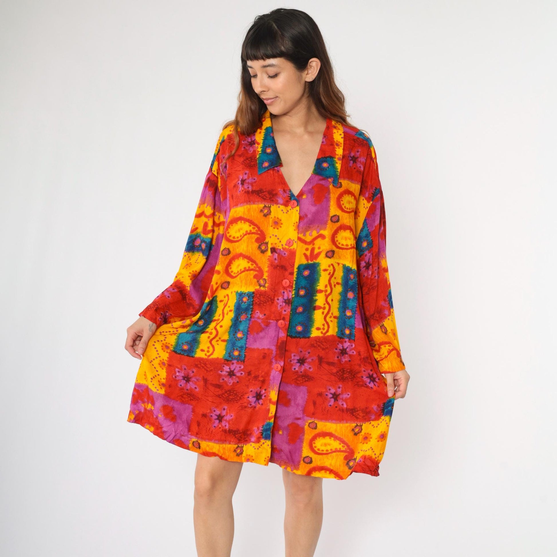 90s C.S.T. Studio Patchwork Paisley Floral Button-Up Tunic Plus Size Red Yellow XXL