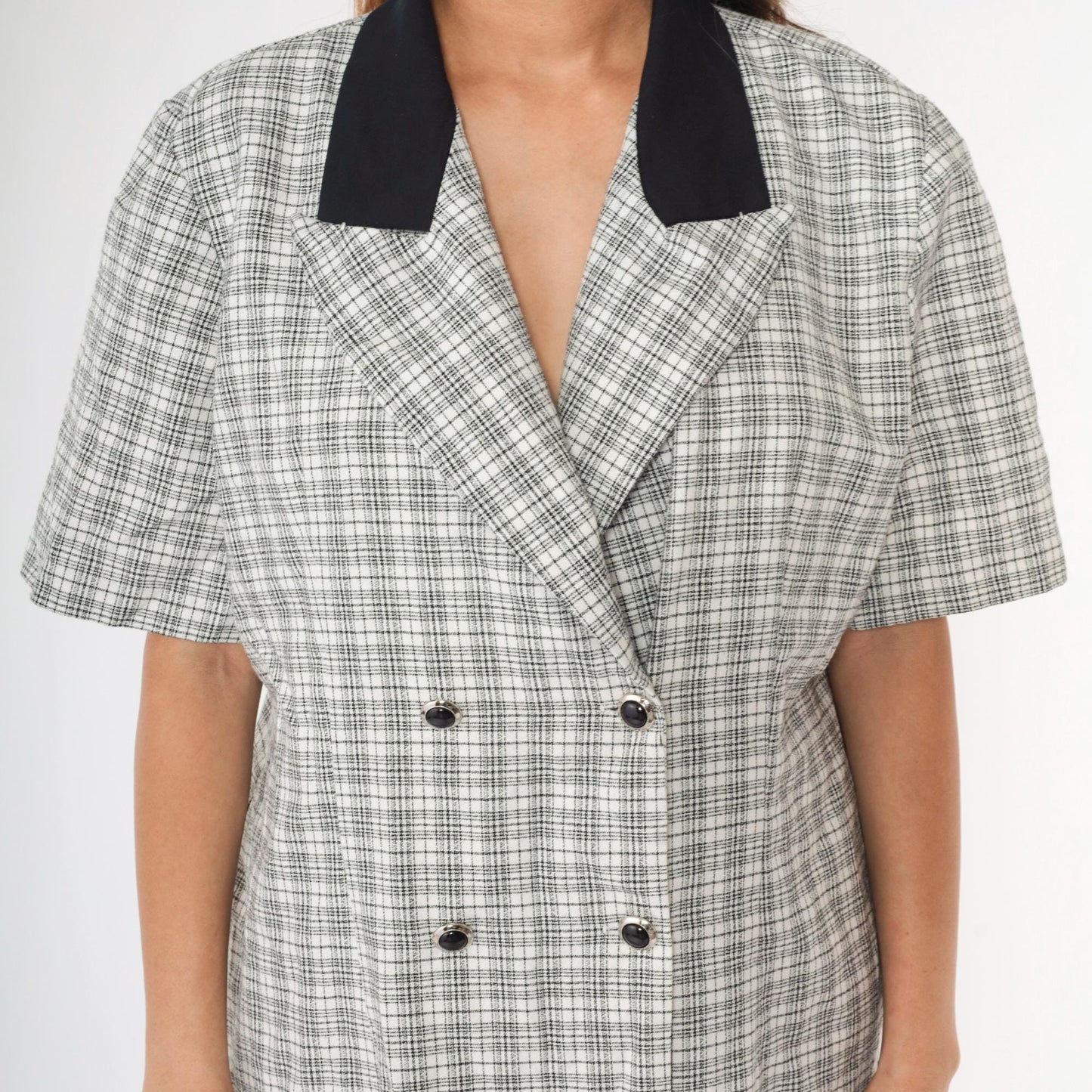 90s Black White Checkered Midi Dress Button Up Short Sleeve Extra Large XL