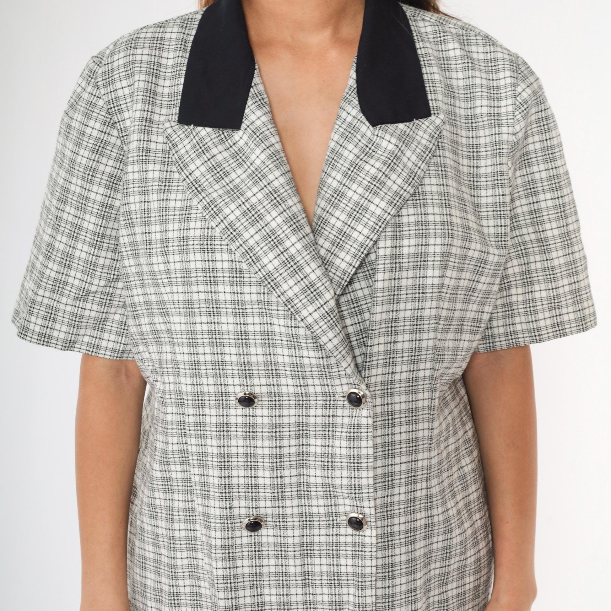 90s Black White Checkered Midi Dress Button Up Short Sleeve Extra Large XL