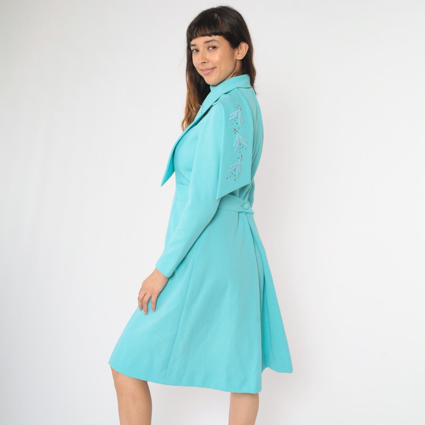 60s Alfred Werber Mod A-Line Dress Aqua Beaded Long Sleeve Midi Medium M