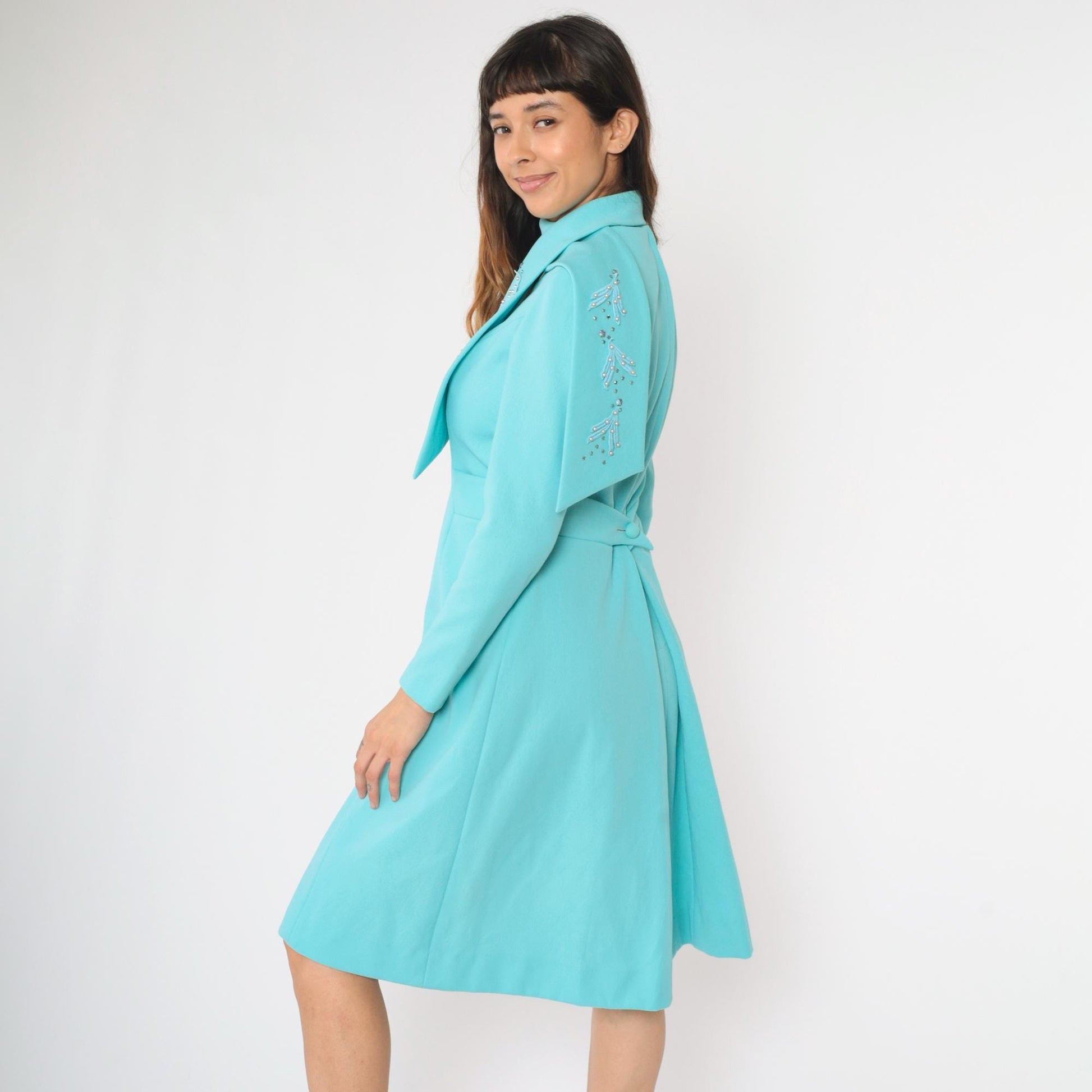 60s Alfred Werber Mod A-Line Dress Aqua Beaded Long Sleeve Midi Medium M
