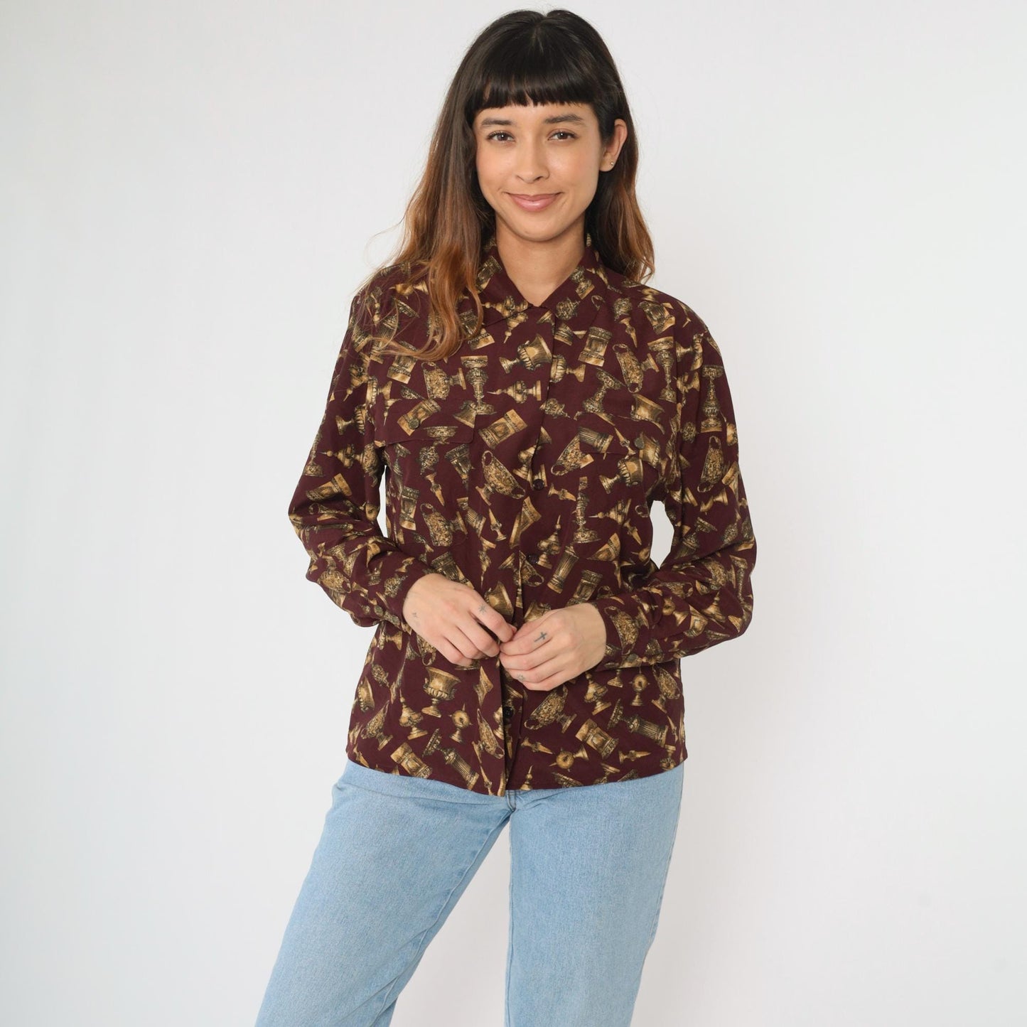 90s Jones New York Chalice Print Blouse Burgundy Gold Button Up Medium M