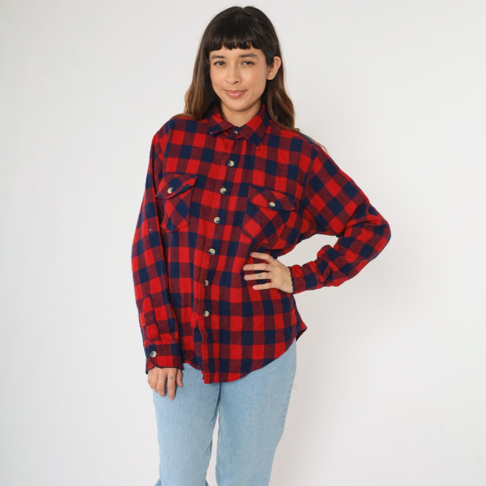80s Buffalo Plaid Flannel Shirt Navy Red Men's Large Button Up Long Sleeve