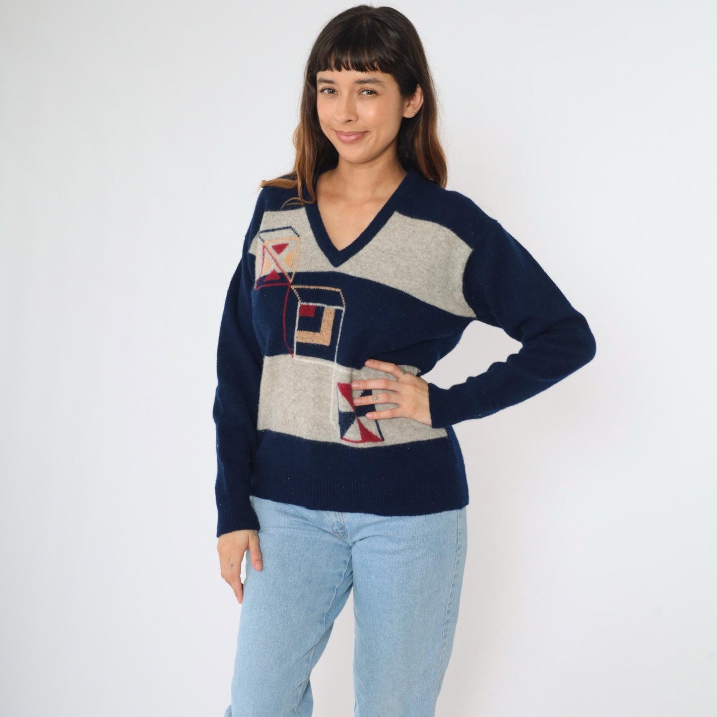 80s Geometric Cube Striped Wool V-Neck Sweater Navy Grey Medium