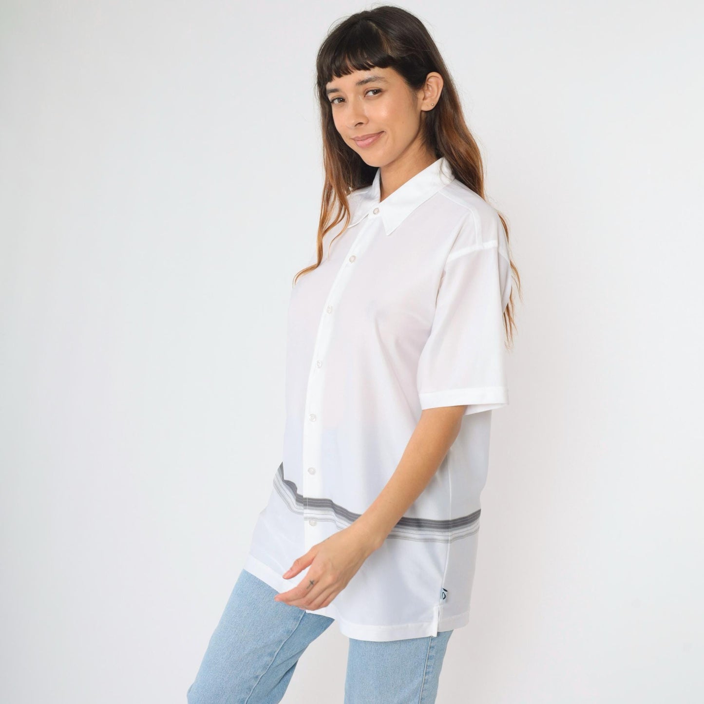 00s Striped Button-Up Shirt White Grey Y2K Short Sleeve Large L