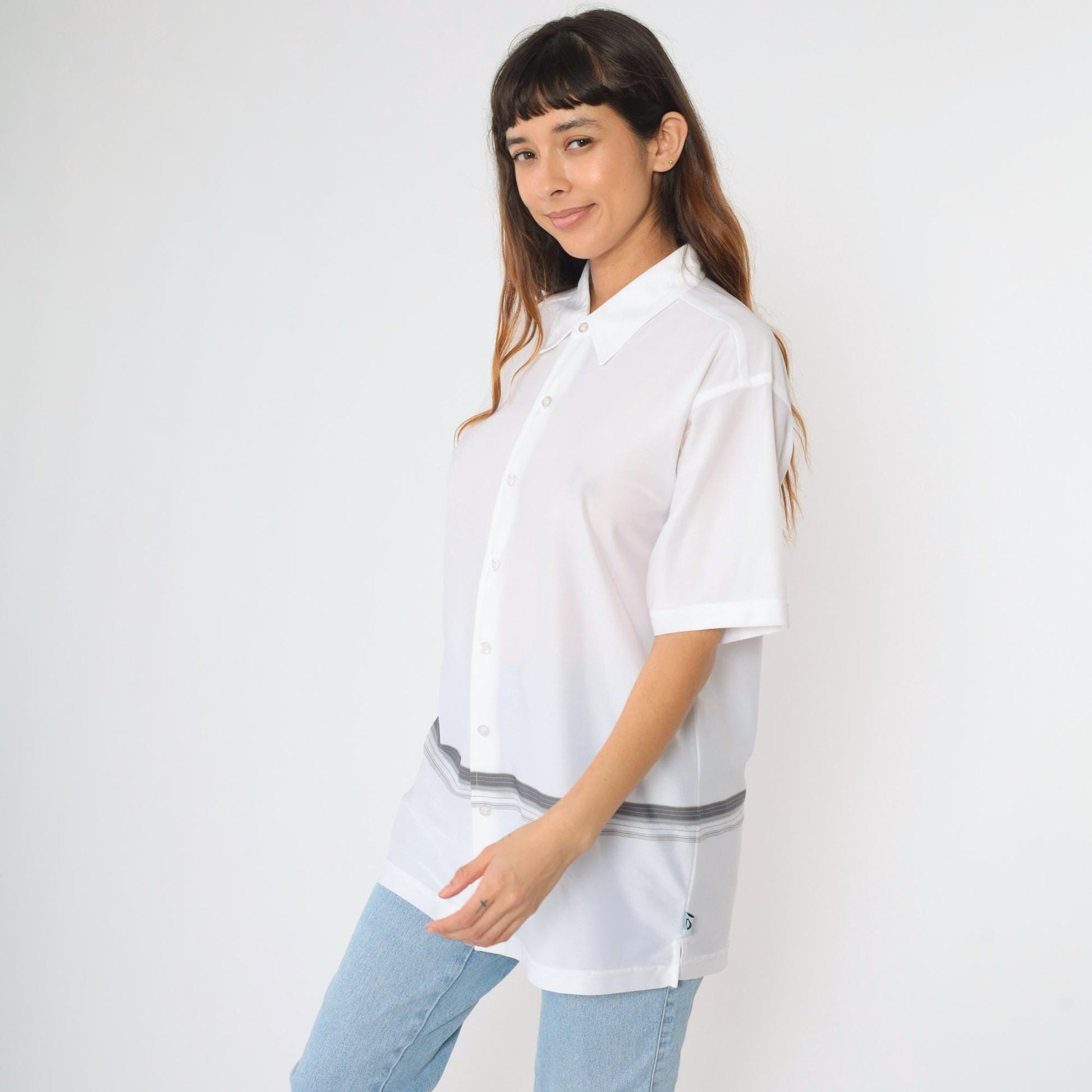00s Striped Button-Up Shirt White Grey Y2K Short Sleeve Large L