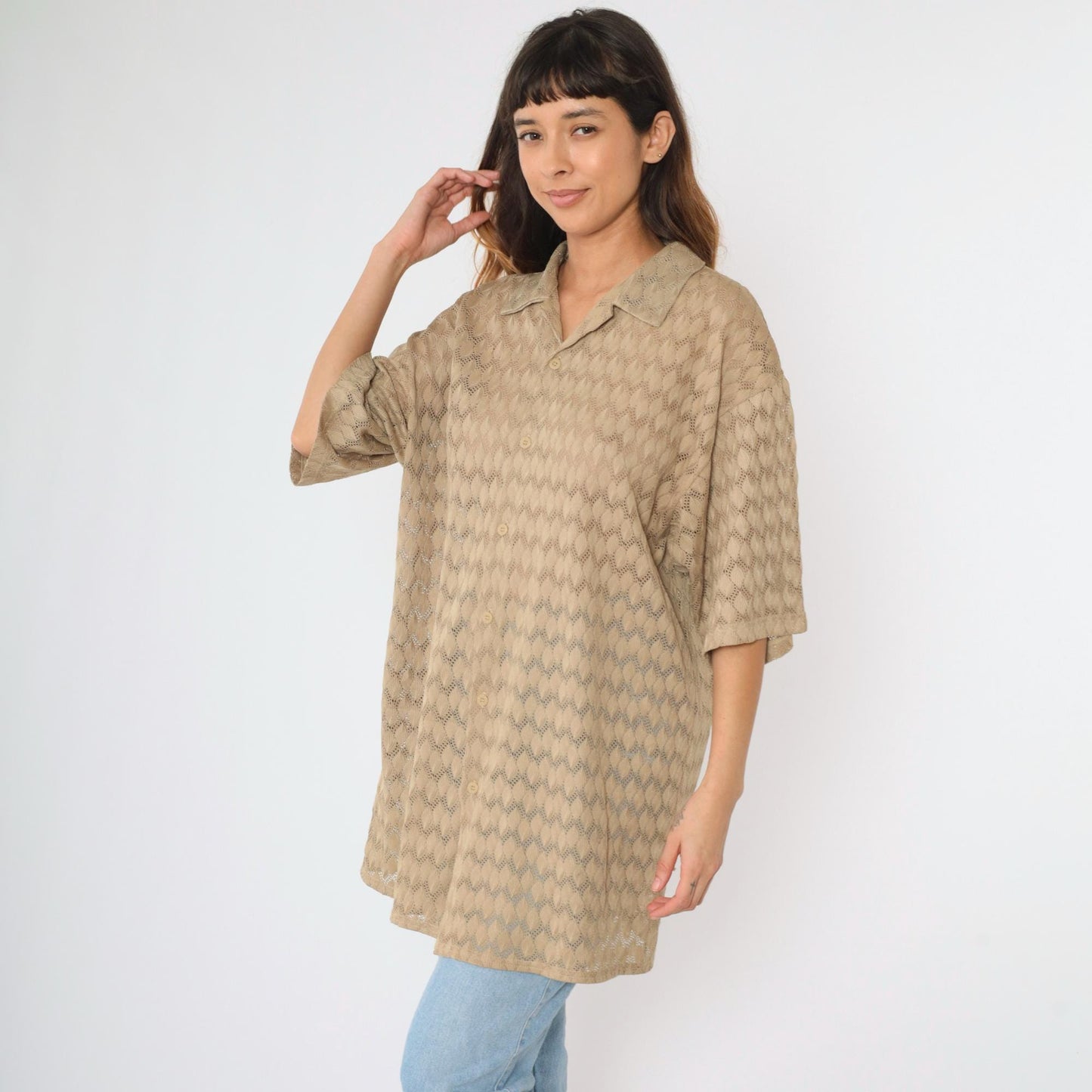 Y2K Sheer Lace Knit Button-Up Shirt Beige Men's Extra Large XL