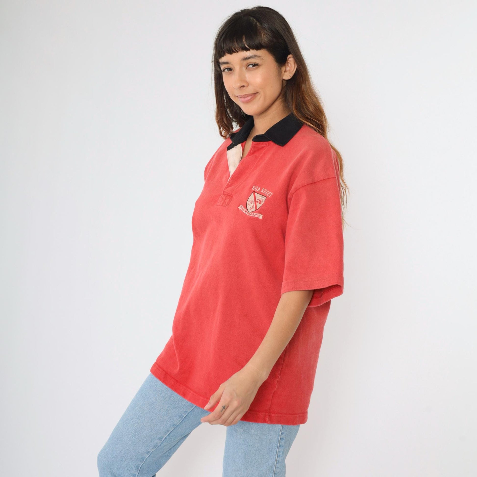 Y2K Barbarian Rugby Shirt SGA Crest Red Cotton Polo Large L