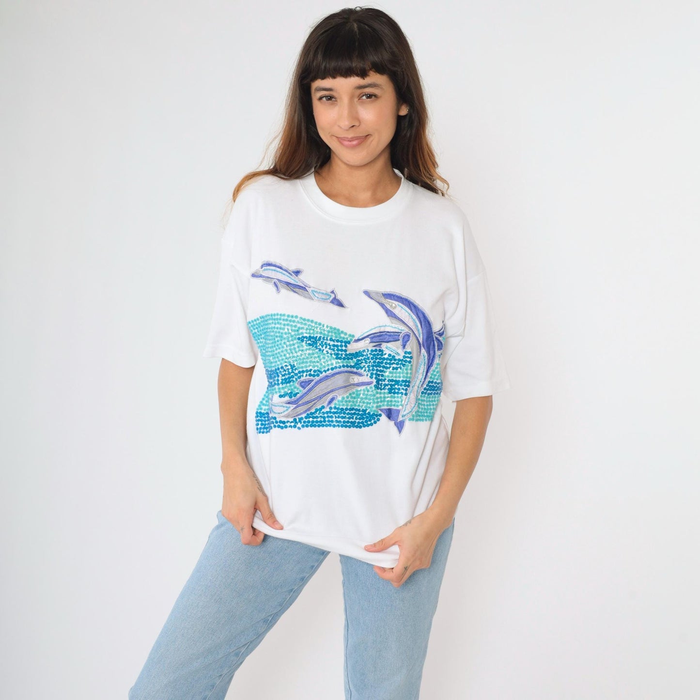 90s Sequin Dolphin Graphic T-Shirt Embroidered Rhinestone White Medium M